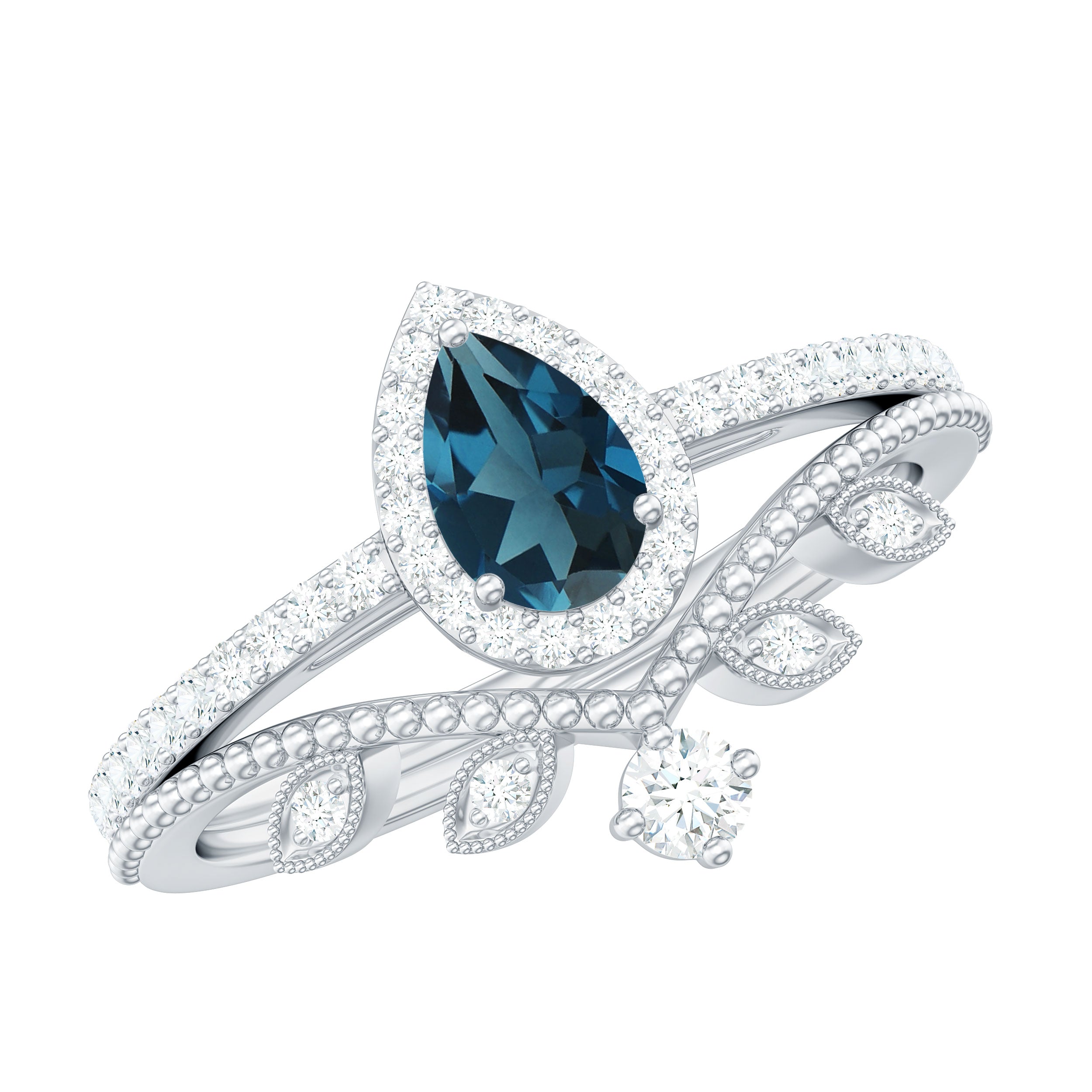Vintage Style London Blue Topaz and Diamond Teardrop Wedding Ring Set