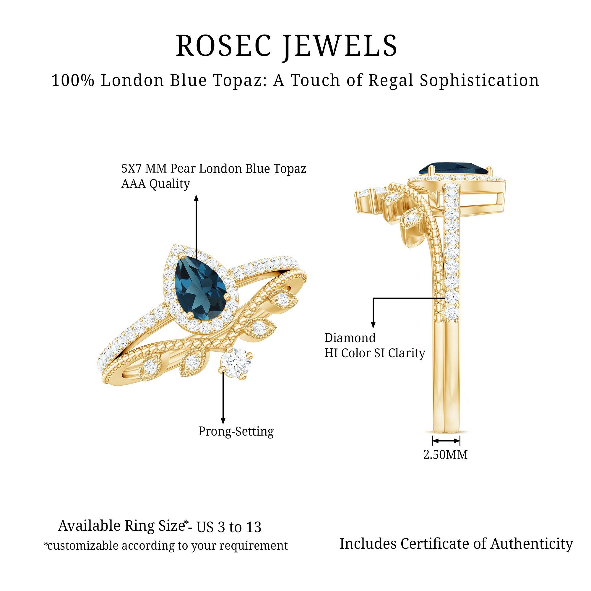 Vintage Style London Blue Topaz and Diamond Teardrop Wedding Ring Set AAA - Rosec Jewels