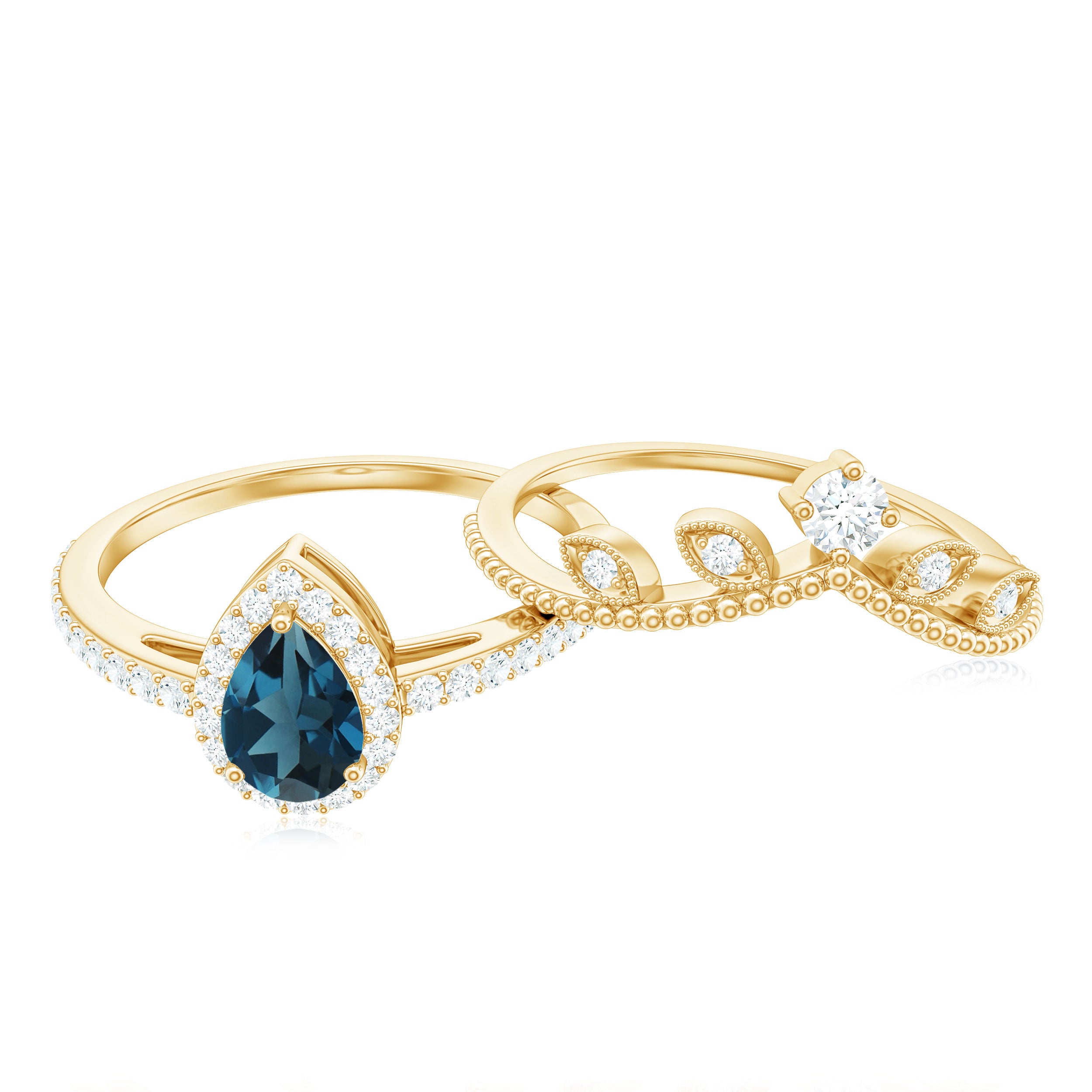 Vintage Style London Blue Topaz and Diamond Teardrop Wedding Ring Set AAA - Rosec Jewels