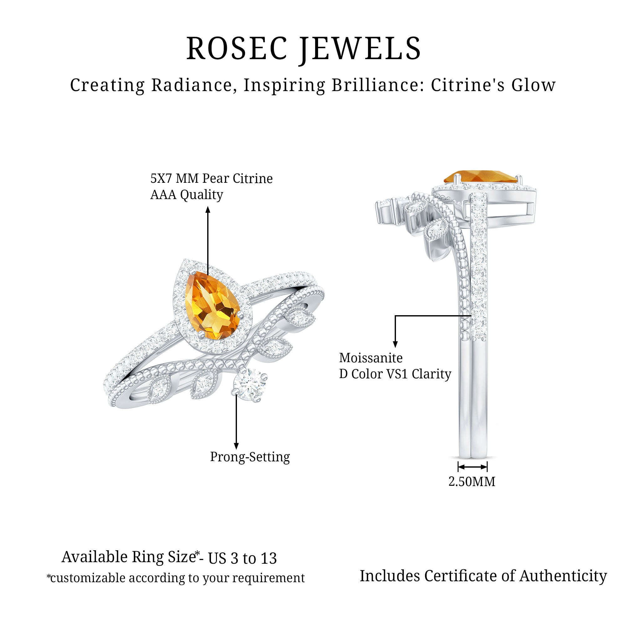 Certified Citrine and Diamond Teardrop Engagement Ring with Enhancer AAA - Rosec Jewels