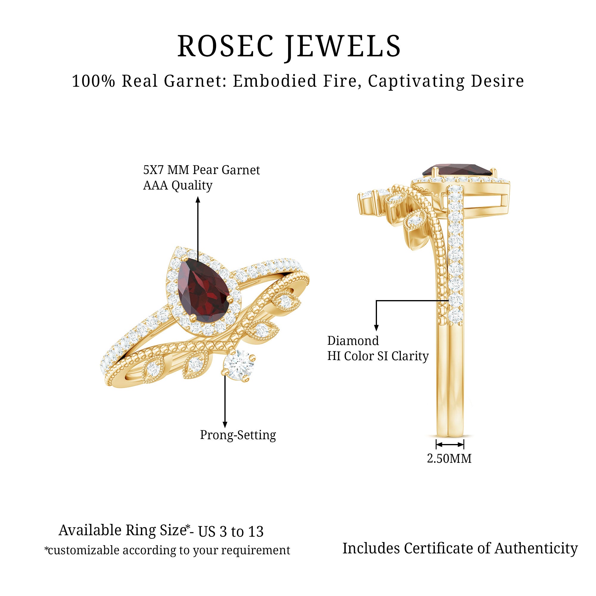 Natural Garnet Diamond Vintage Wedding Bridal Ring Set AAA - Rosec Jewels