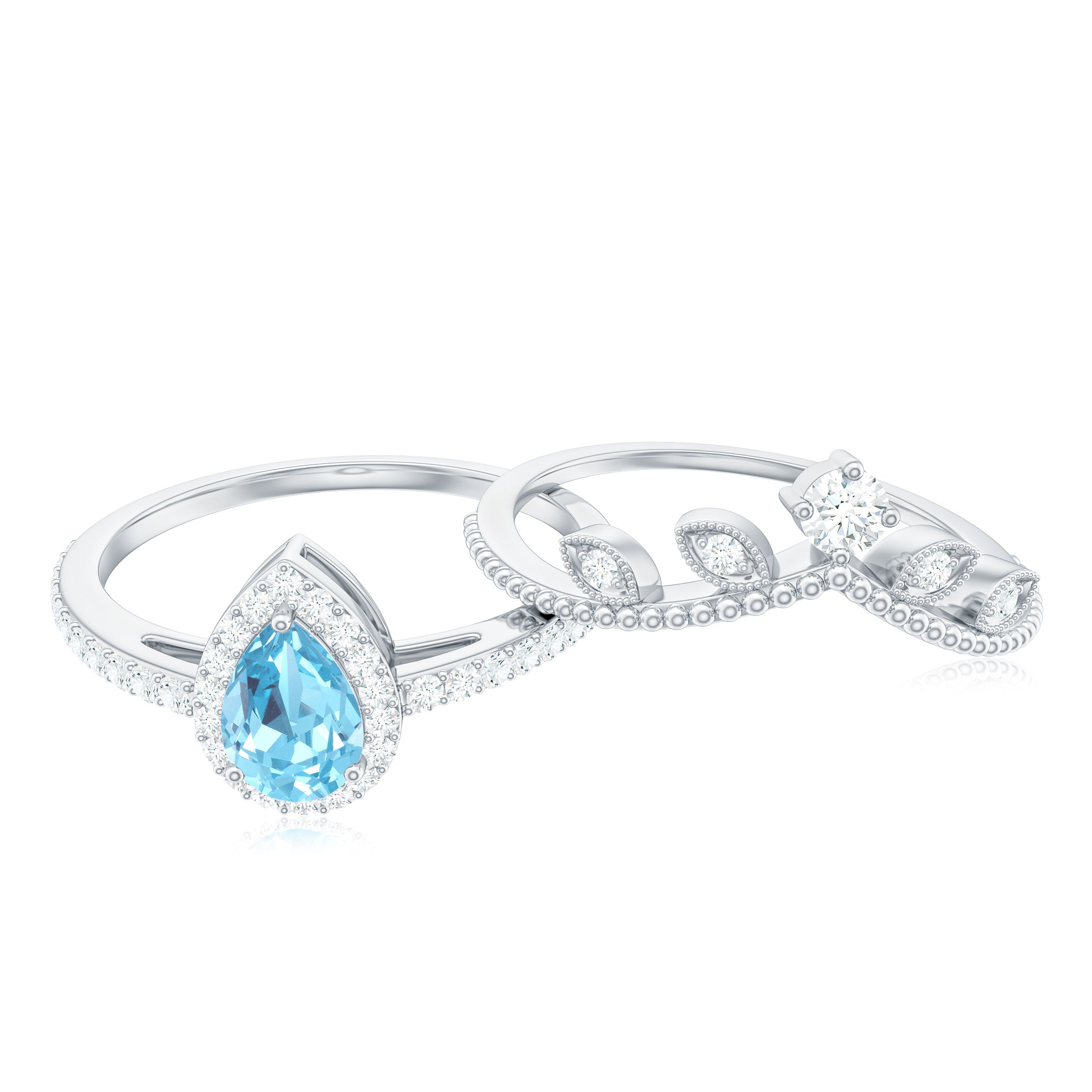 Vintage Looking Aquamarine and Diamond Teardrop Wedding Ring Set for Women AAA - Rosec Jewels