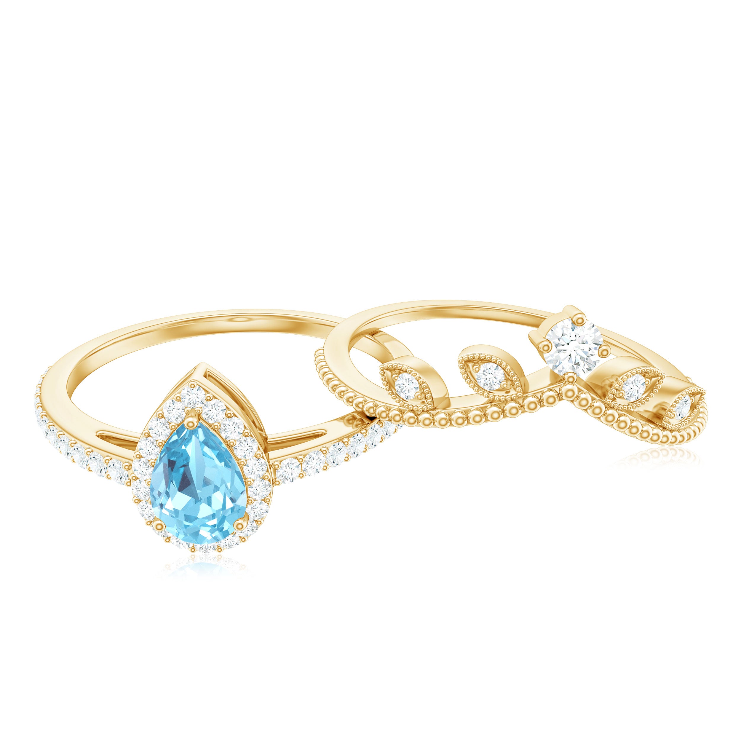 Vintage Looking Aquamarine and Diamond Teardrop Wedding Ring Set for Women AAA - Rosec Jewels