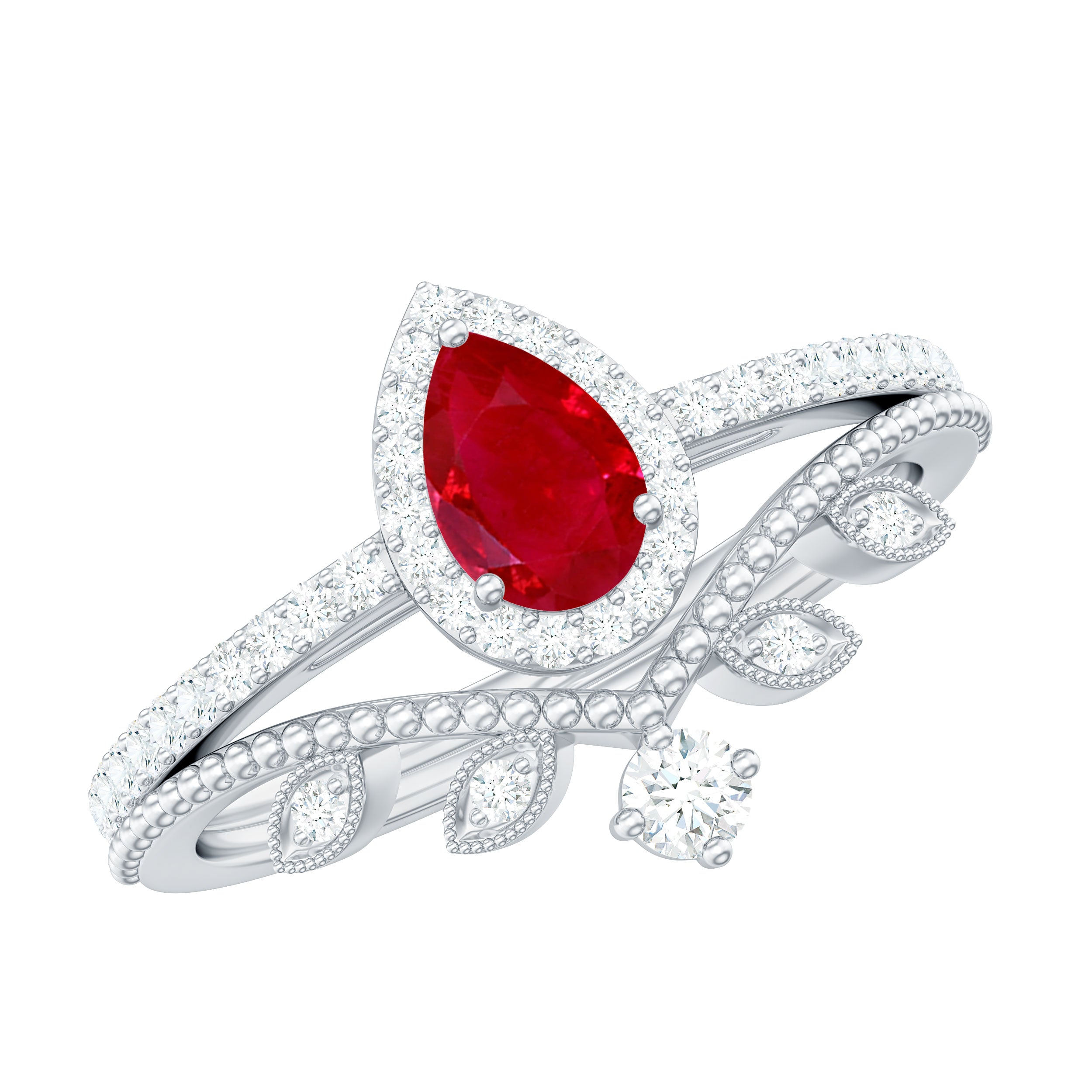 Vintage Looking Pear Shape Ruby Diamond Engagement Ring with Enhancer AAA - Rosec Jewels