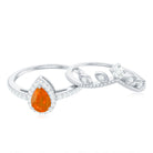 Rosec Jewels-Vintage Inspired Fire Opal Teardrop Wedding Ring Set with Diamond