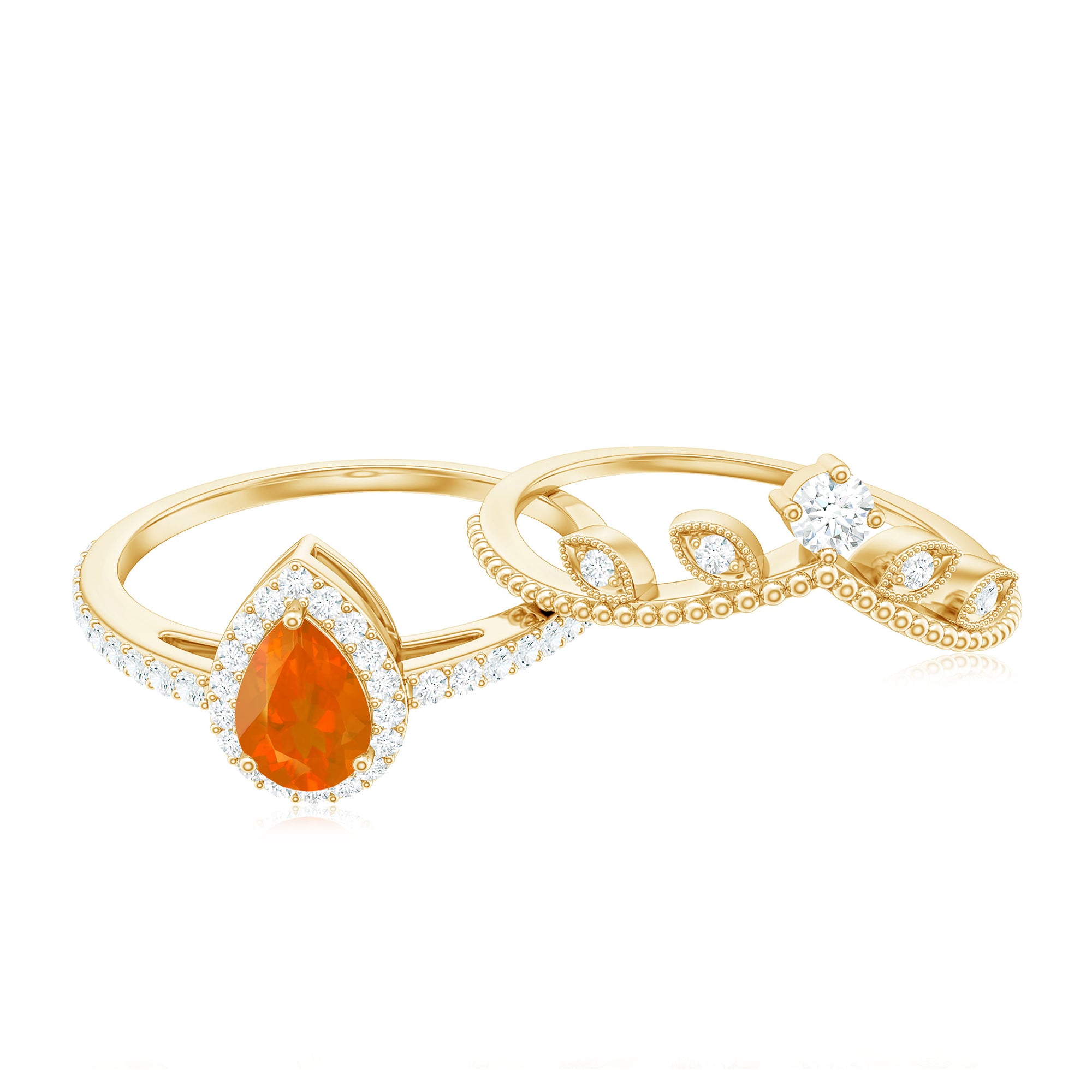 Rosec Jewels-Vintage Inspired Fire Opal Teardrop Wedding Ring Set with Diamond