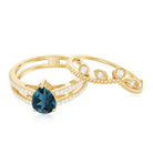 Pear London Blue Topaz Double Band Engagement Ring with Diamond Enhancer AAA - Rosec Jewels