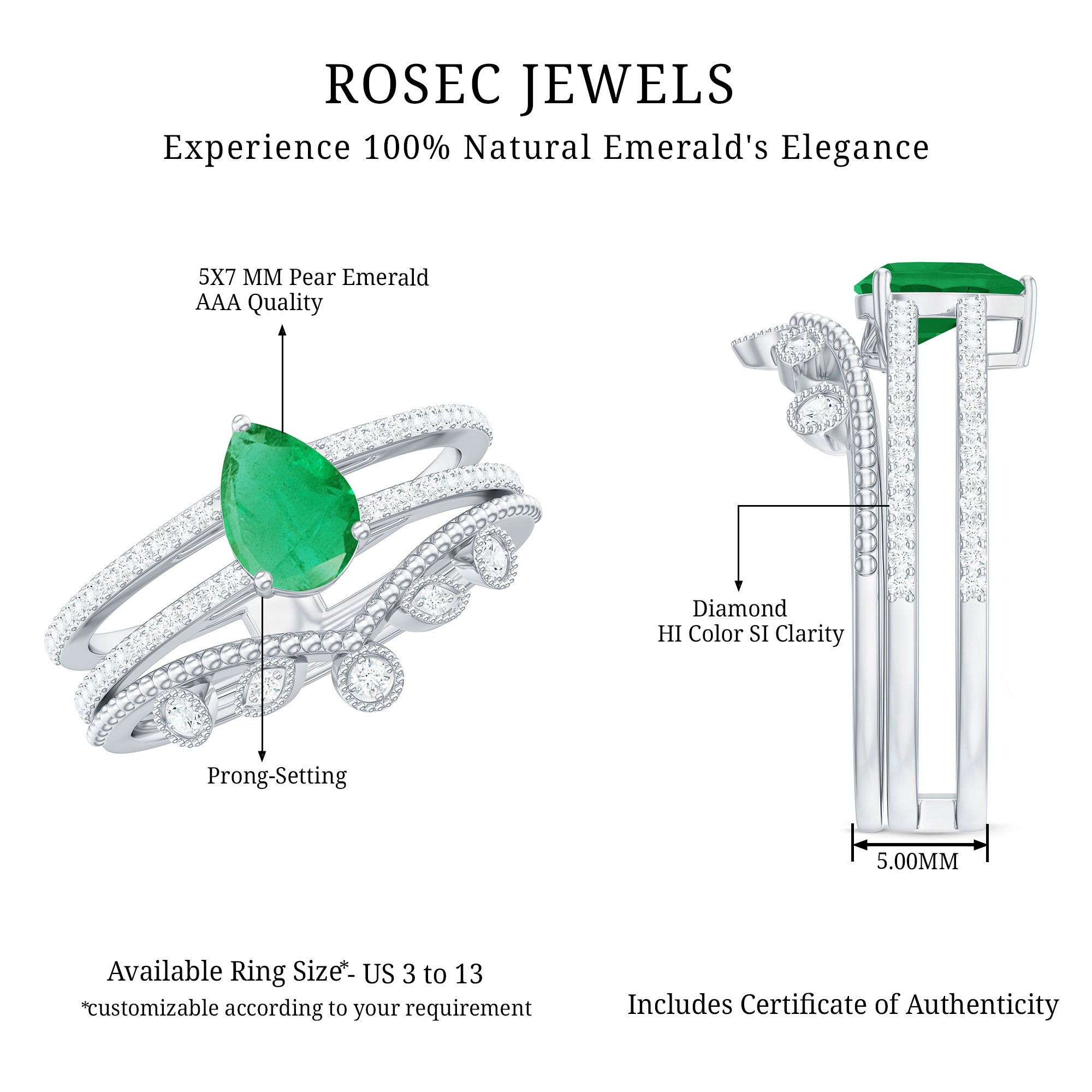 Vintage Style Emerald Diamond Wedding Bridal Ring Set AAA - Rosec Jewels