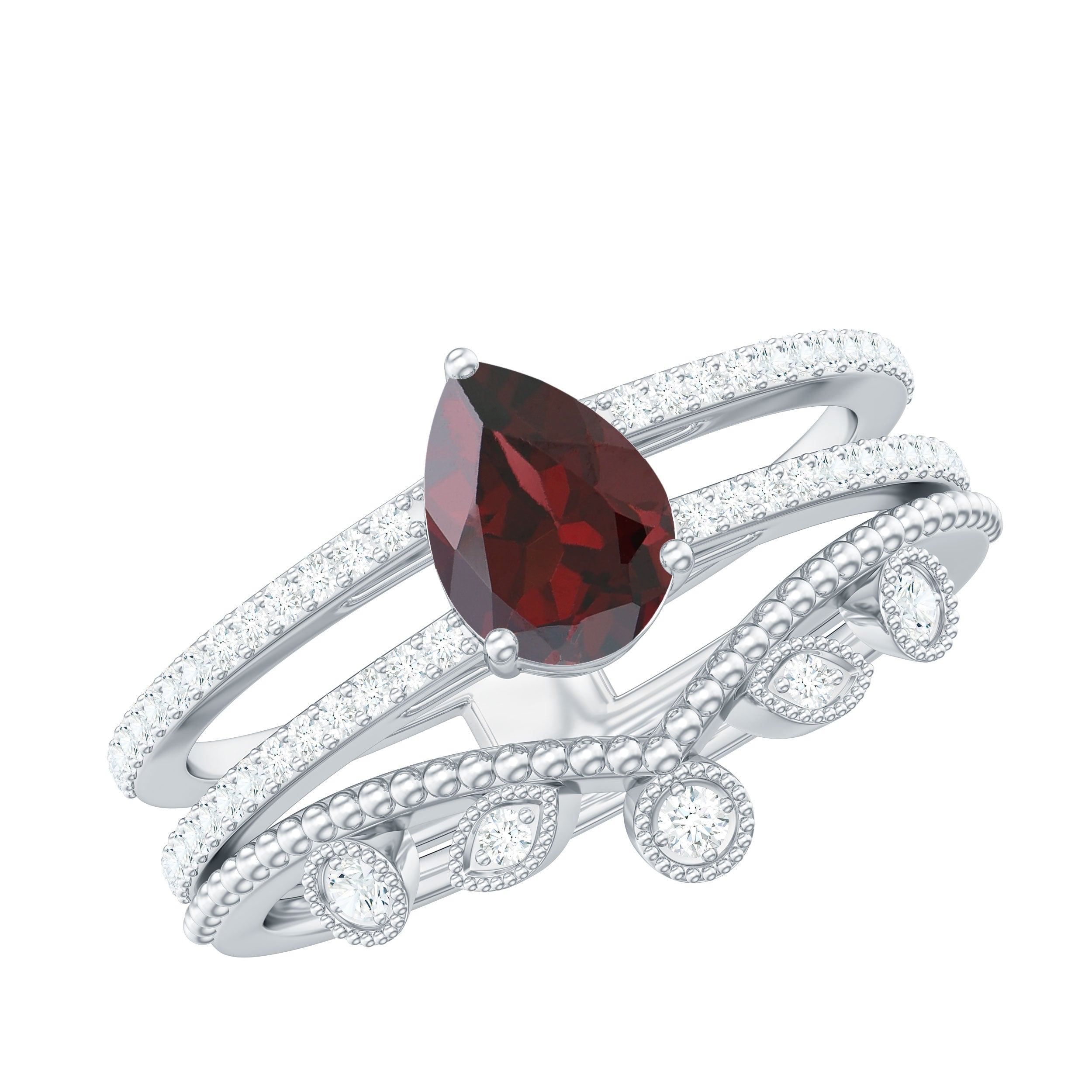 Natural Garnet Diamond Double Band Engagement Ring Wedding Band AAA - Rosec Jewels