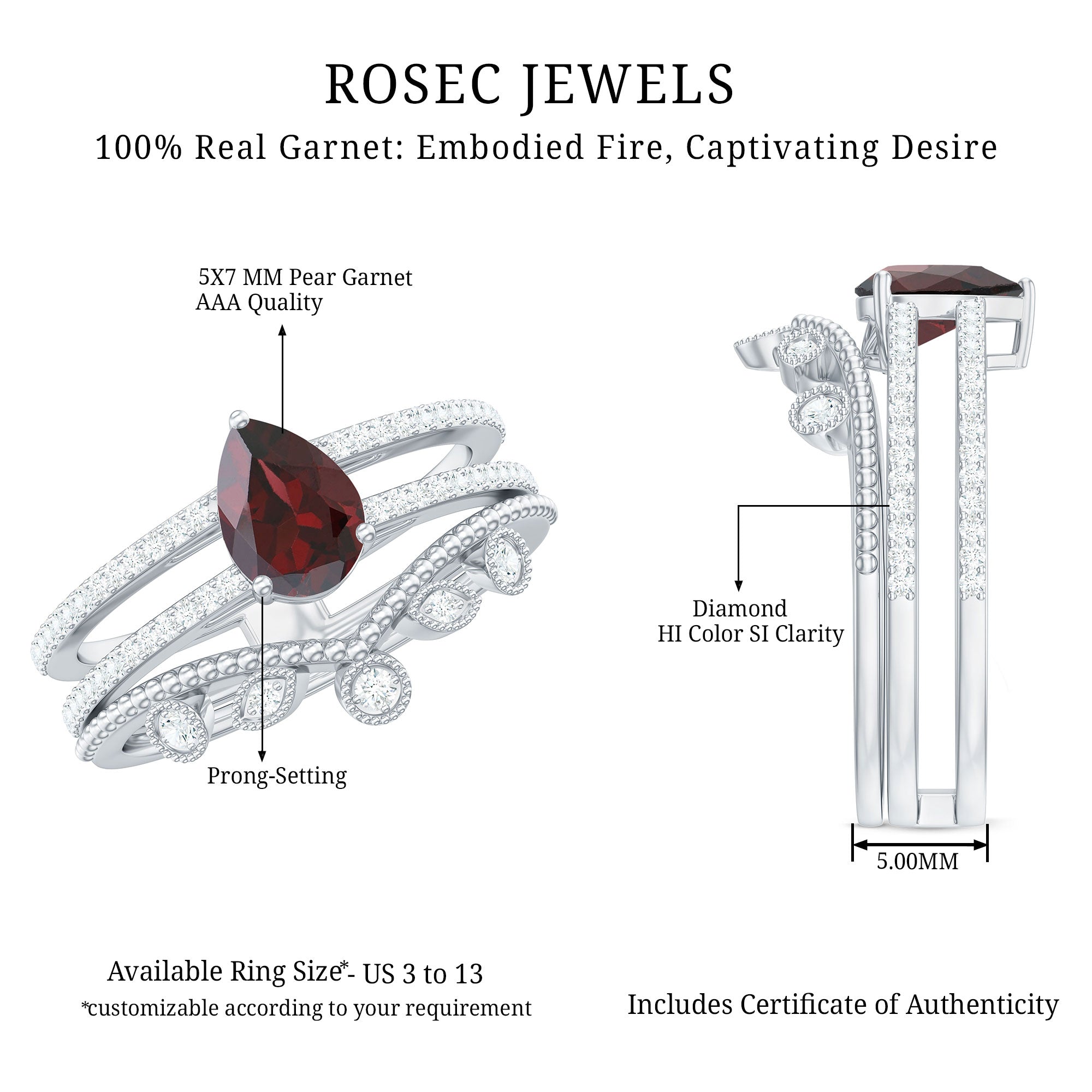 Natural Garnet Diamond Double Band Engagement Ring Wedding Band AAA - Rosec Jewels