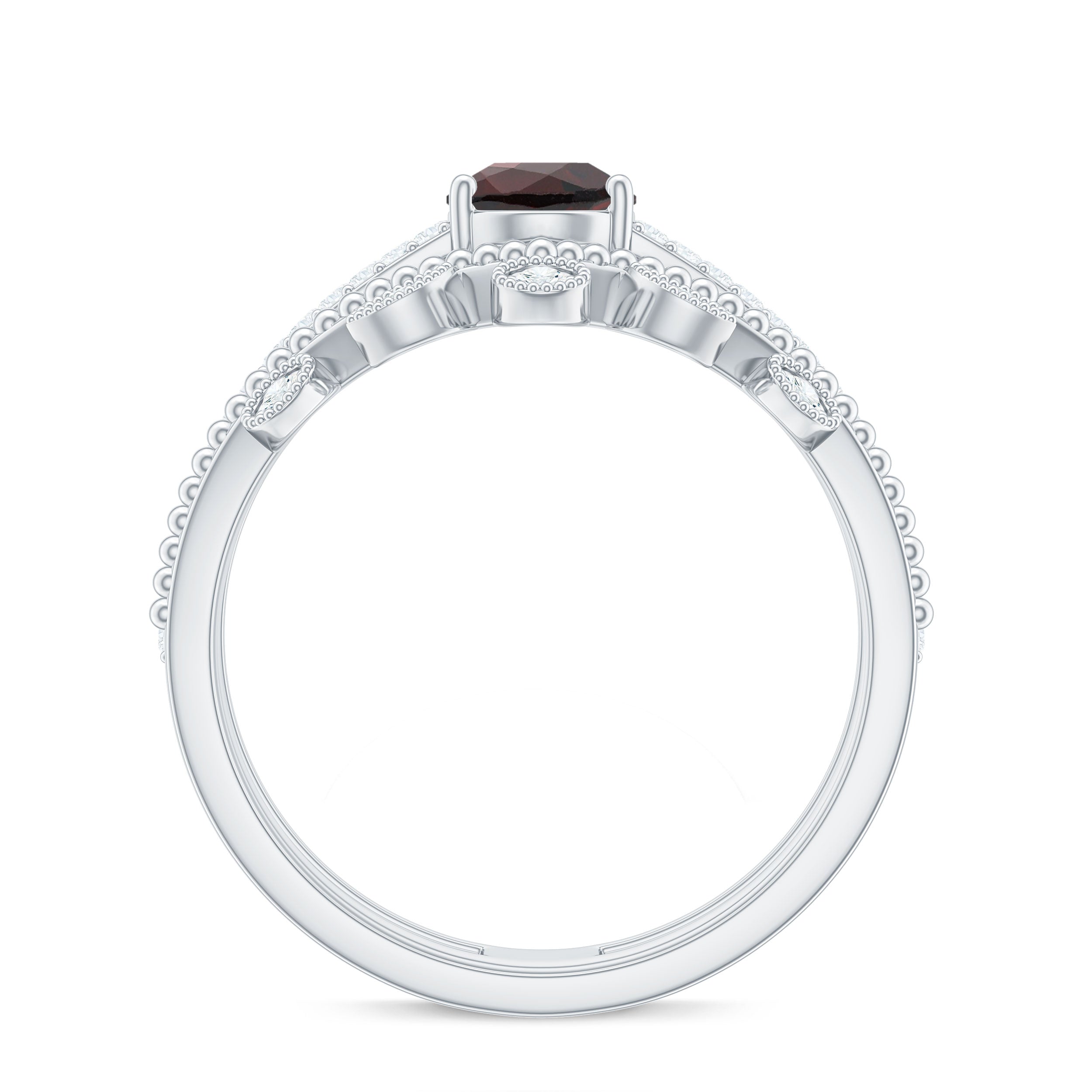 Natural Garnet Diamond Double Band Engagement Ring Wedding Band AAA - Rosec Jewels