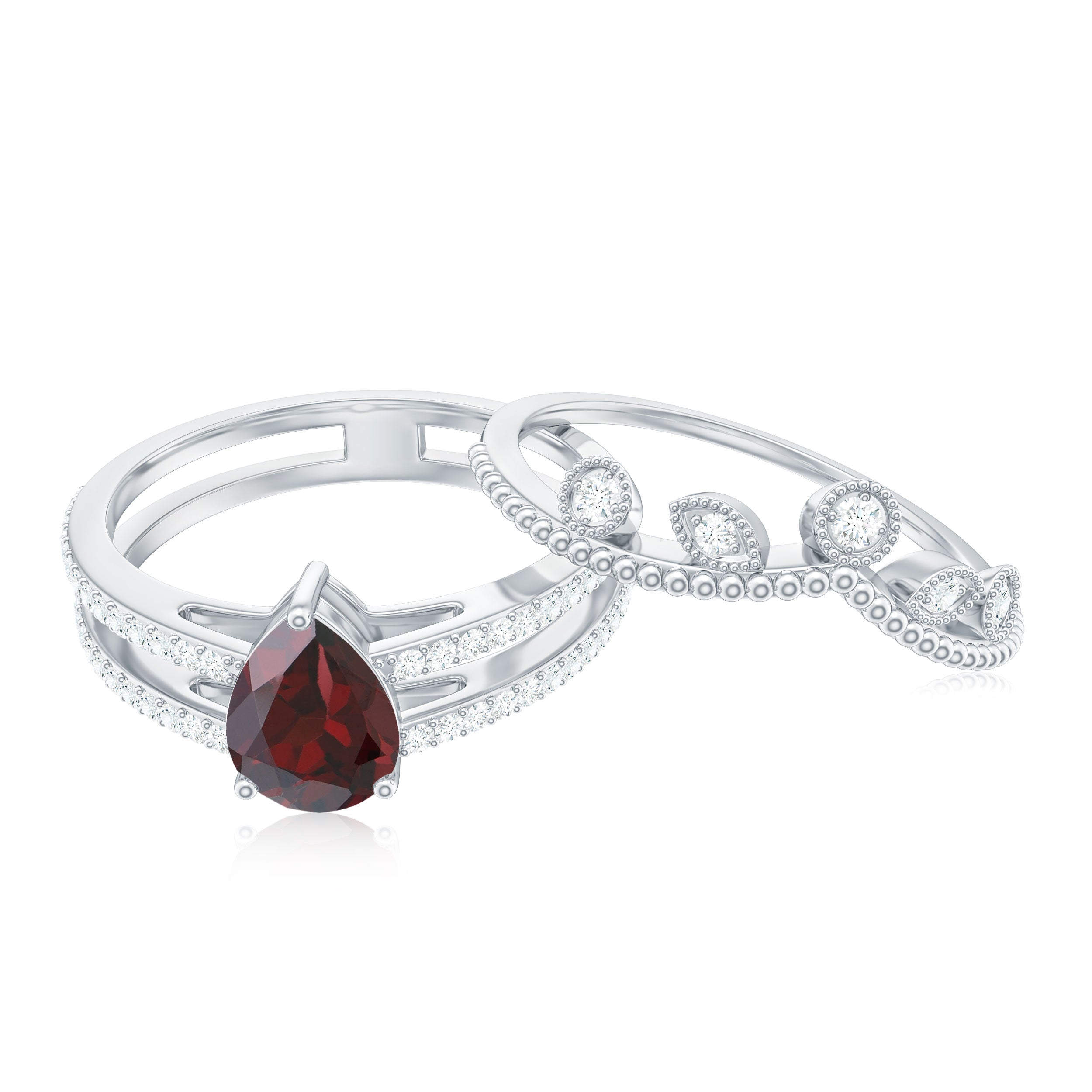 Natural Garnet Diamond Double Band Engagement Ring Wedding Band AAA - Rosec Jewels