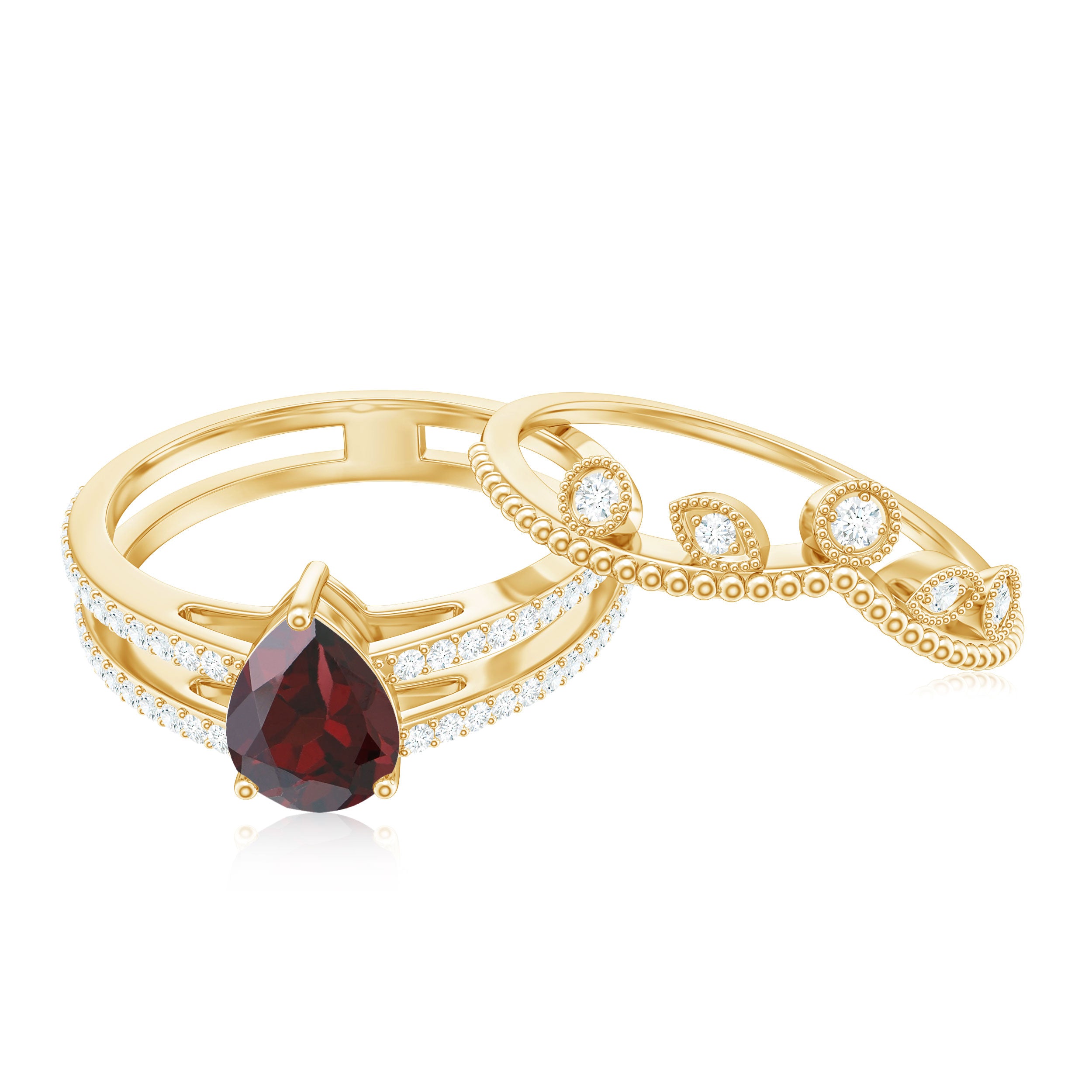 Natural Garnet Diamond Double Band Engagement Ring Wedding Band AAA - Rosec Jewels
