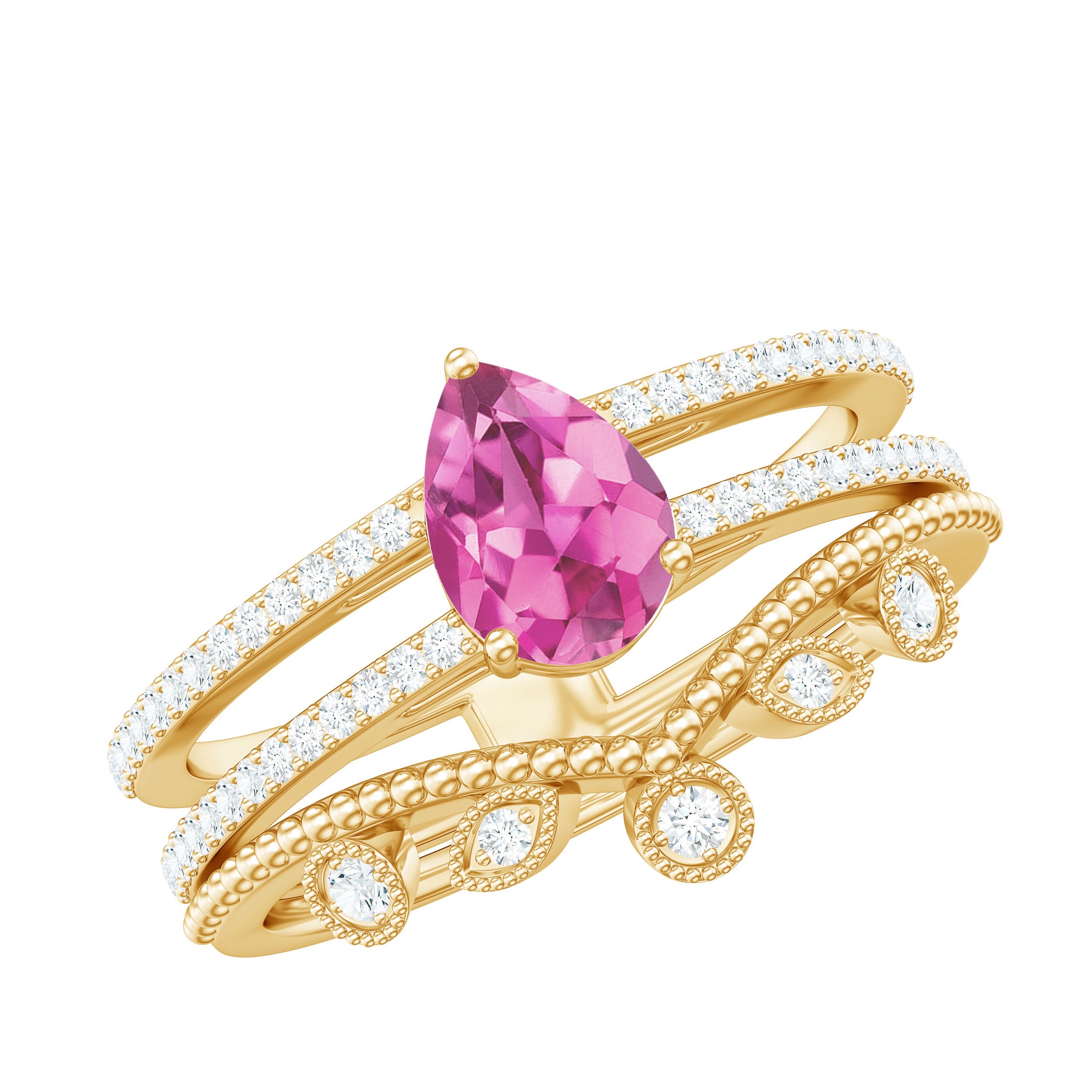 Pear Cut Real Pink tourmaline and Moissanite Wedding Ring Set AAA - Rosec Jewels