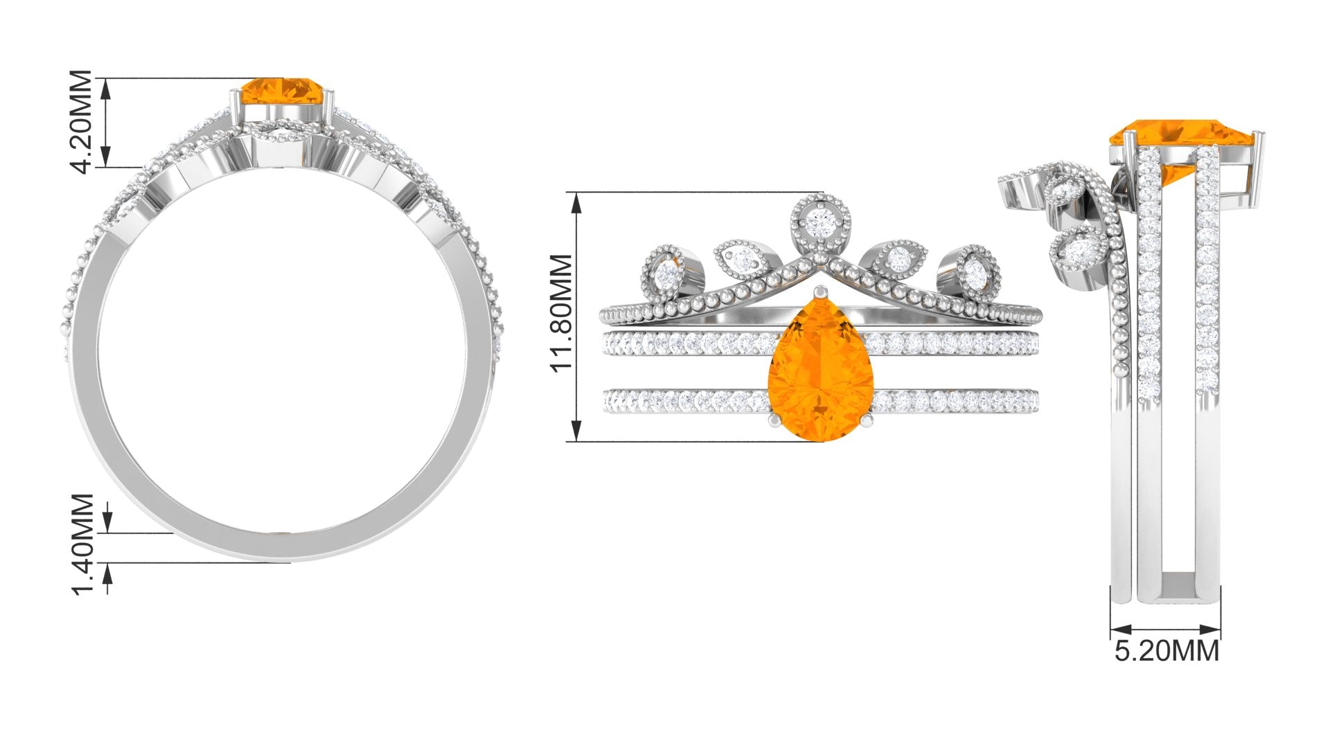 Rosec Jewels-Pear Cut Fire Opal and Diamond Vintage Engagement Ring with Wedding Band Set