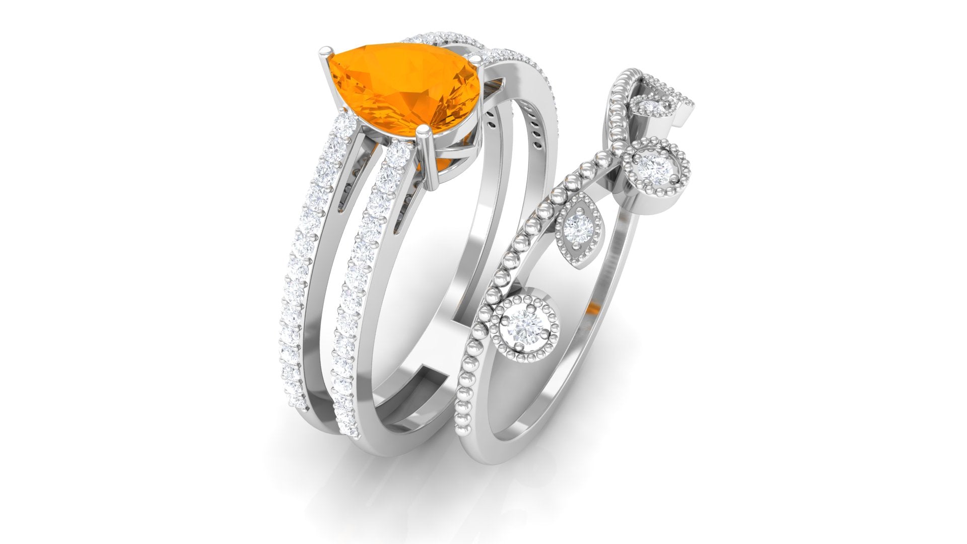Rosec Jewels-Pear Cut Fire Opal and Diamond Vintage Engagement Ring with Wedding Band Set