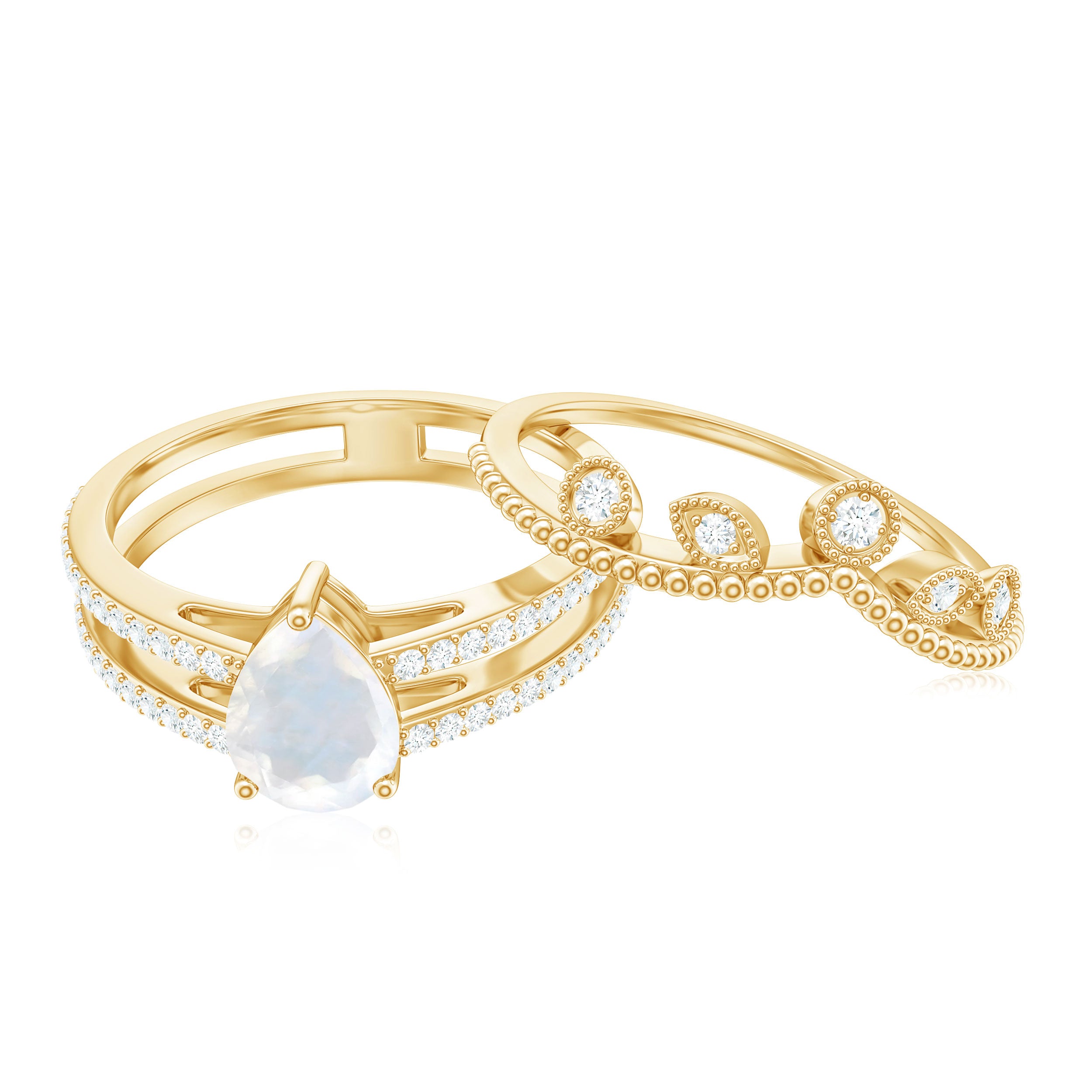 Pear Cut Natural Moonstone and Diamond Wedding Ring Set AAA - Rosec Jewels