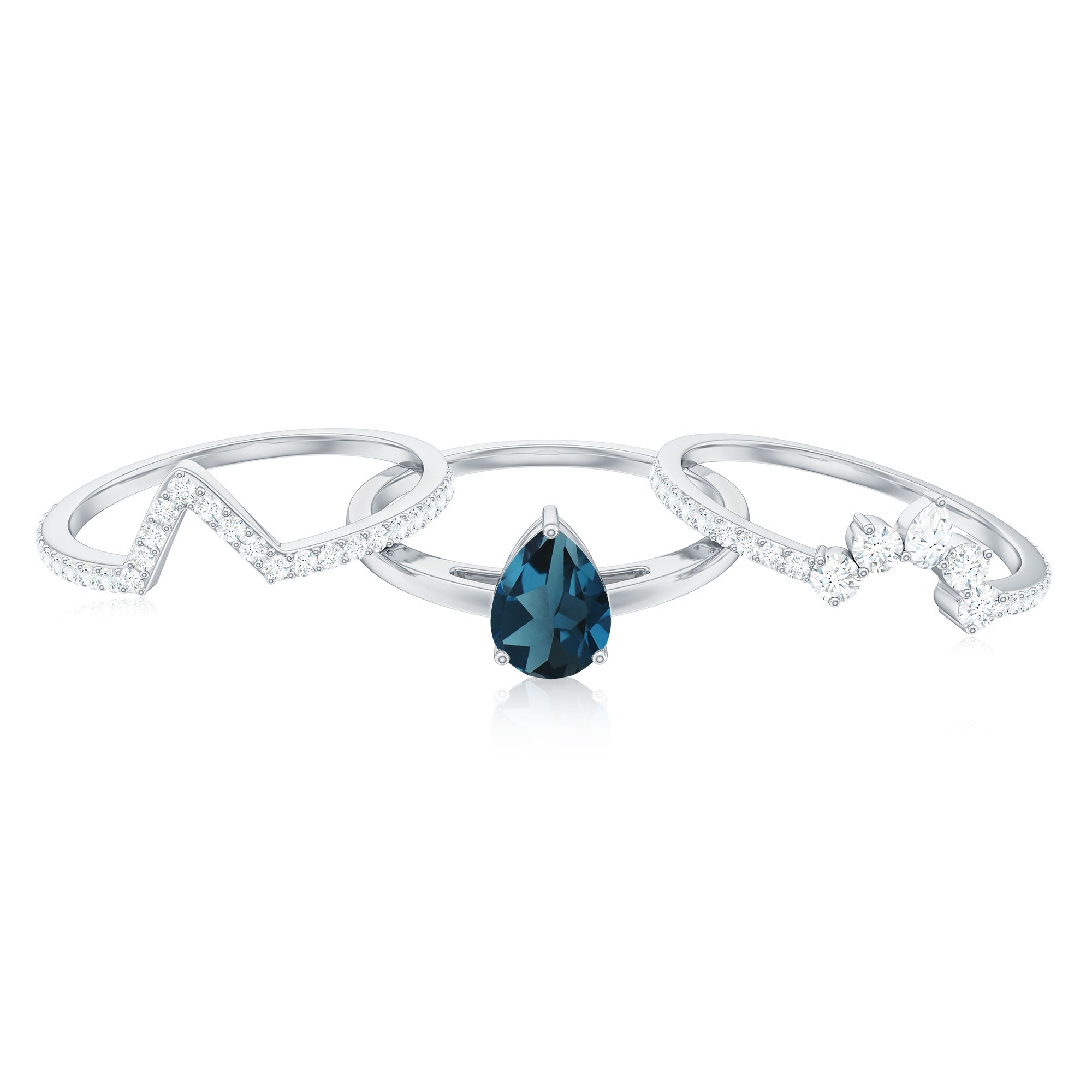 Pear Shape London Blue Topaz and Diamond Trio Ring Set AAA - Rosec Jewels