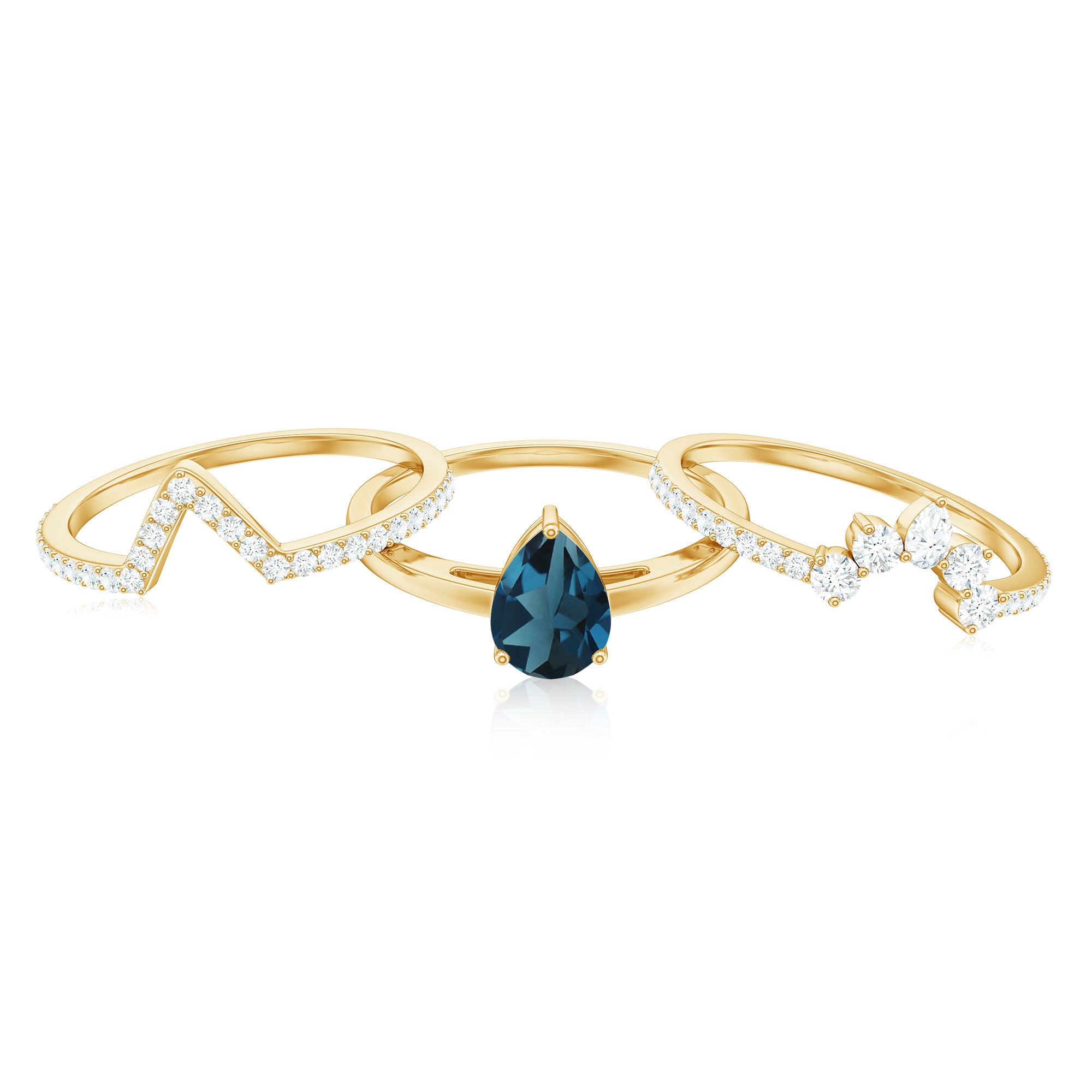 Pear Shape London Blue Topaz and Diamond Trio Ring Set AAA - Rosec Jewels