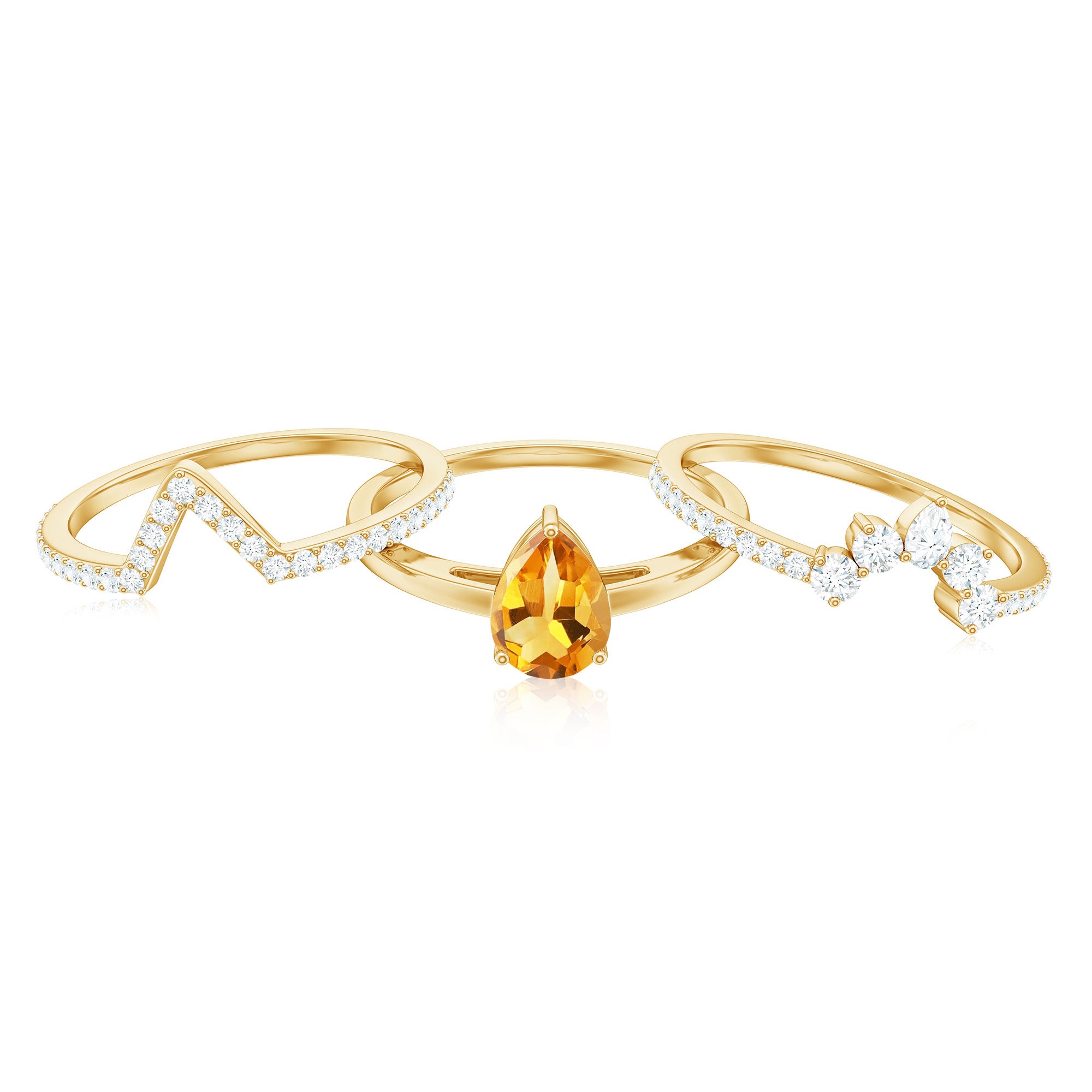 Natural Pear Shape Citrine Wedding Bridal Ring Set of 3 with Certificate AAA - Rosec Jewels
