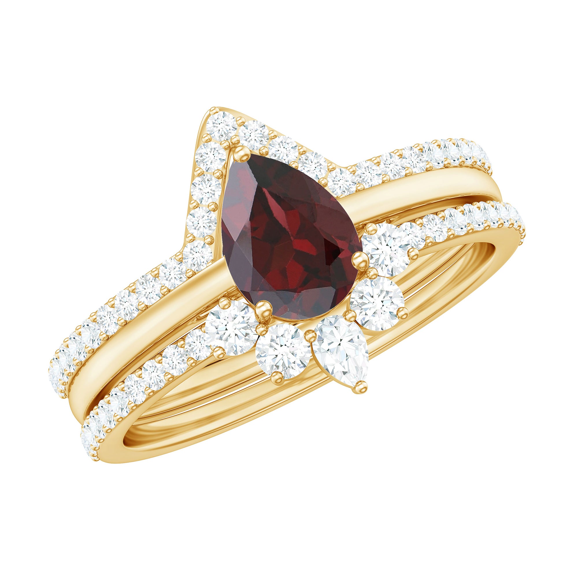 Natural Pear Shaped Garnet Diamond 3 Piece Bridal Ring Set AAA - Rosec Jewels