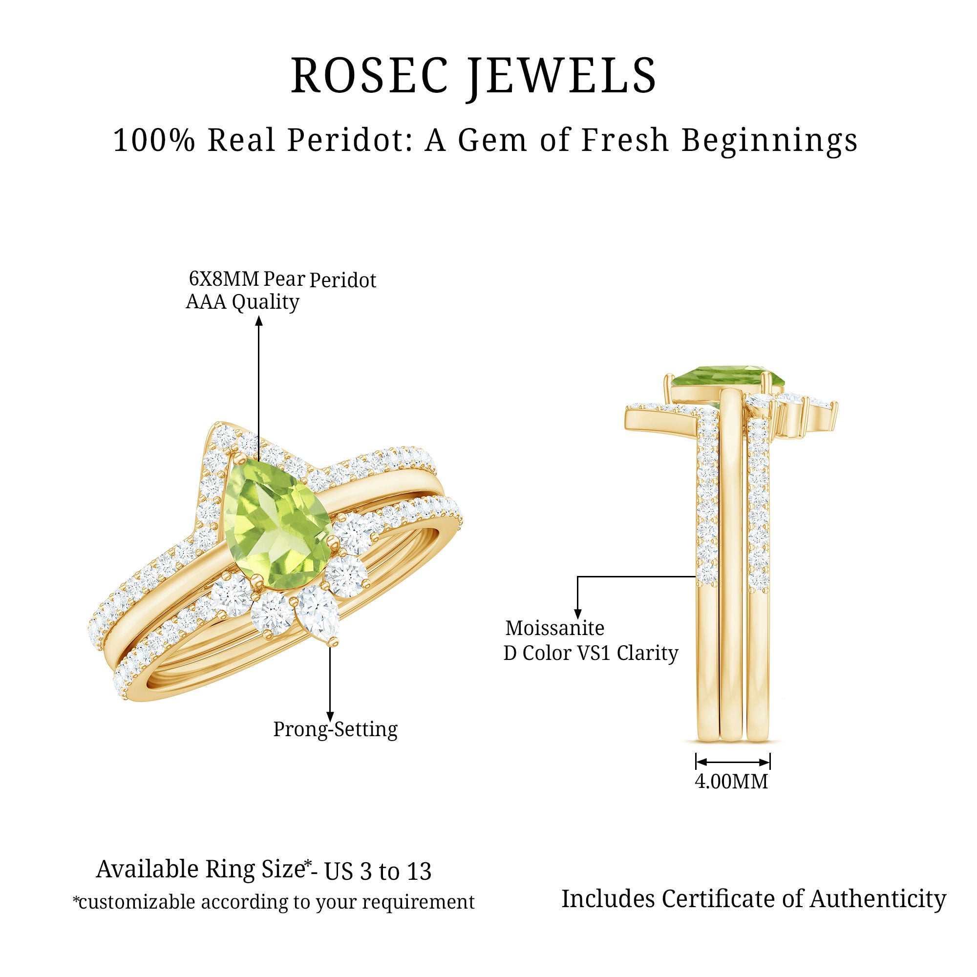 Certified Real 1 Carat Peridot Trio Wedding Ring Set with Moissanite AAA - Rosec Jewels