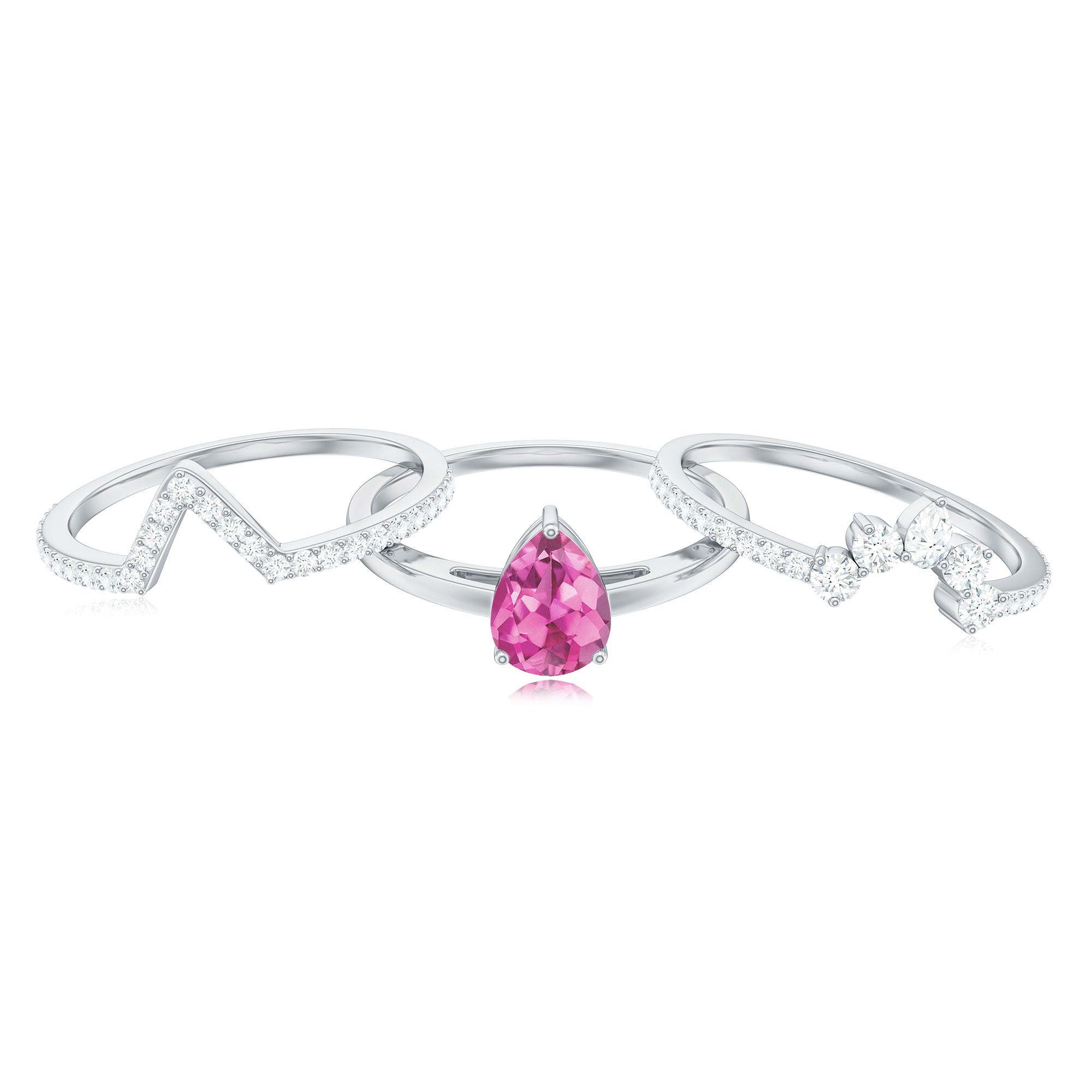 Pear Cut Pink Tourmaline Trio Wedding Ring Set with Moissanite AAA - Rosec Jewels