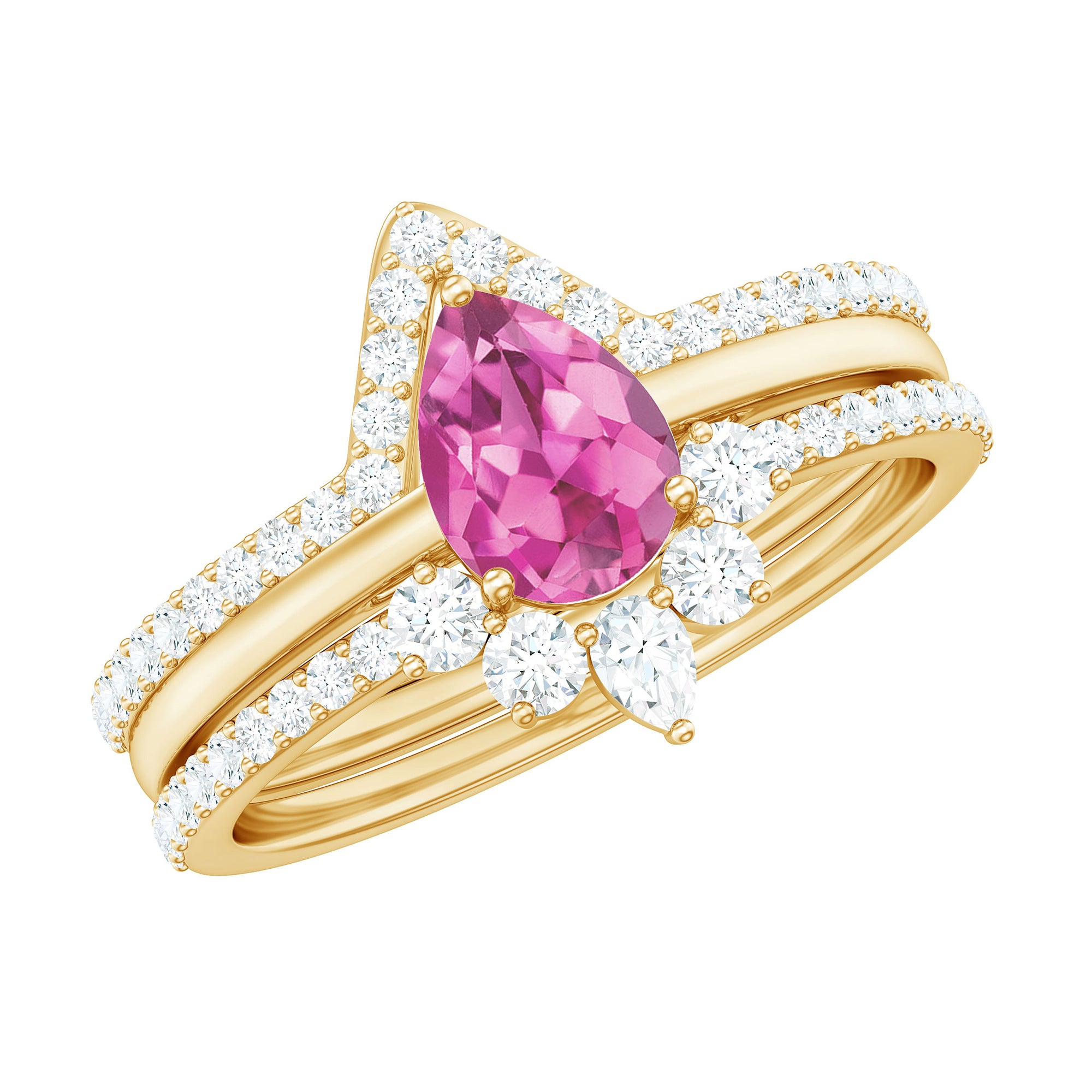 Pear Cut Pink Tourmaline Trio Wedding Ring Set with Moissanite AAA - Rosec Jewels