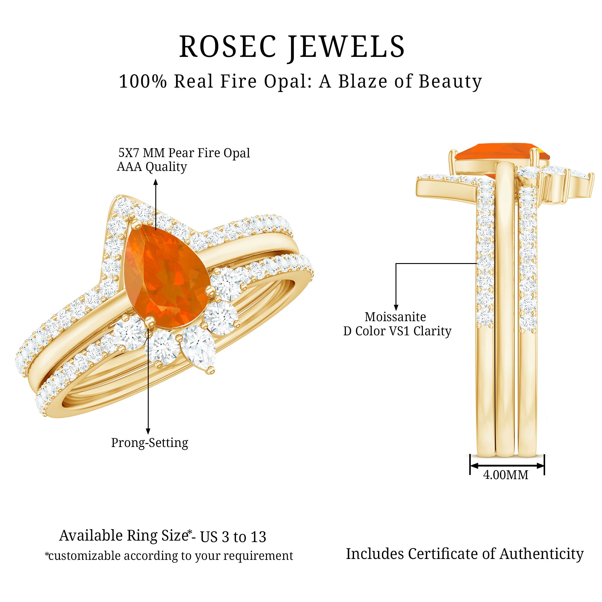 Rosec Jewels-Pear Cut Fire Opal Trio Wedding Ring Set with Moissanite