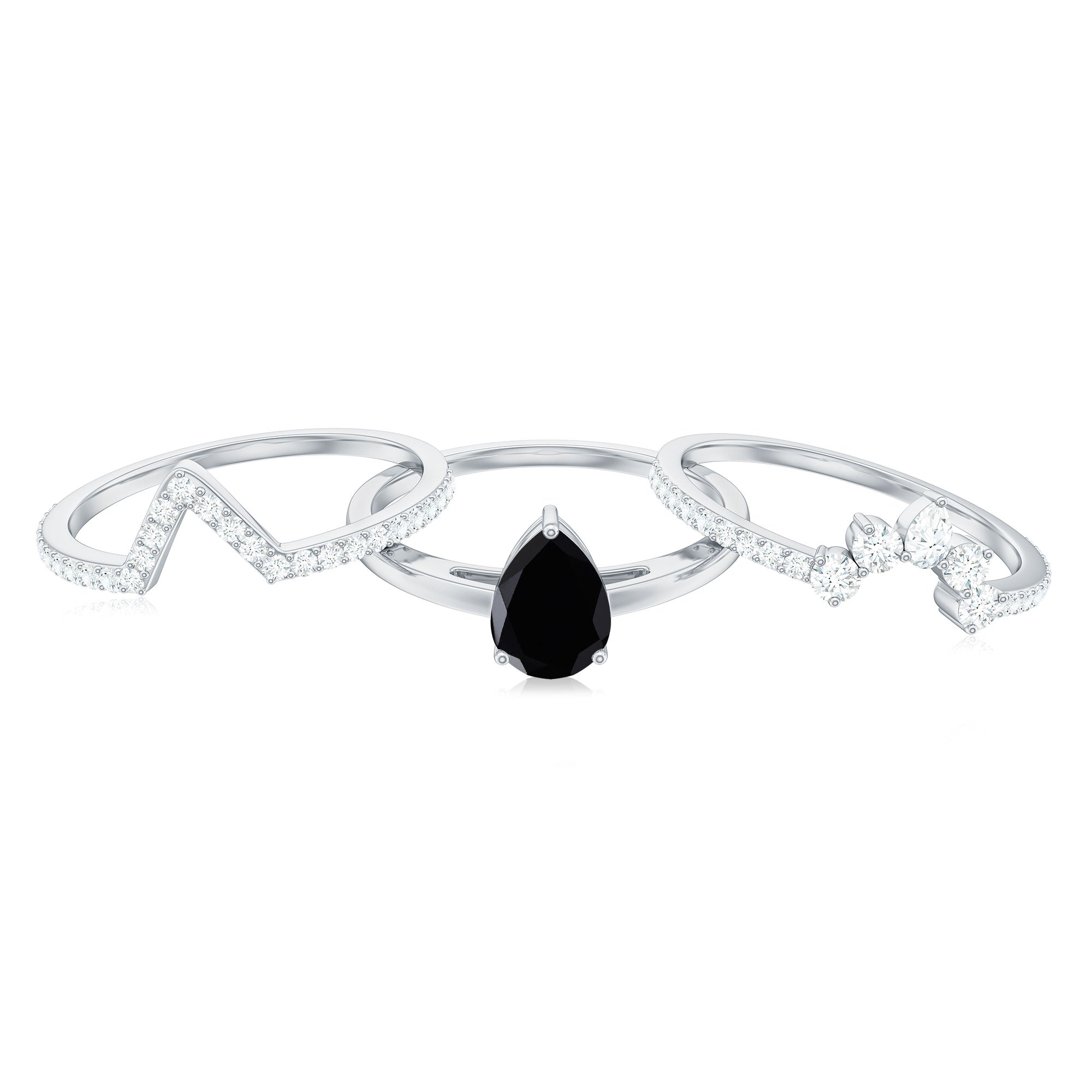 6X8mm Pear Shaped Black Onyx Engagement Ring With Ring Guards AAA - Rosec Jewels