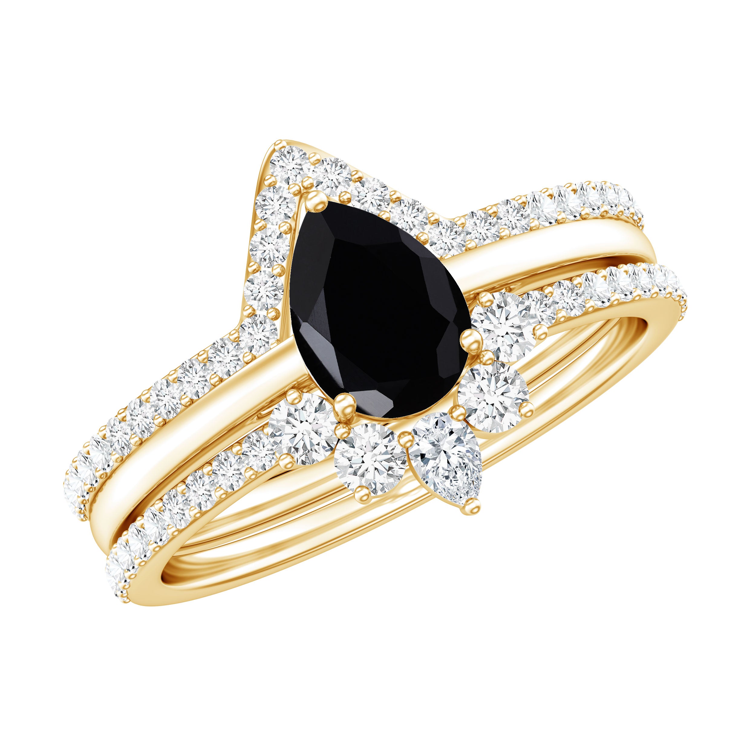 1 Carat Pear Shaped Black Onyx Engagement Ring With Ring Guards AAA - Rosec Jewels