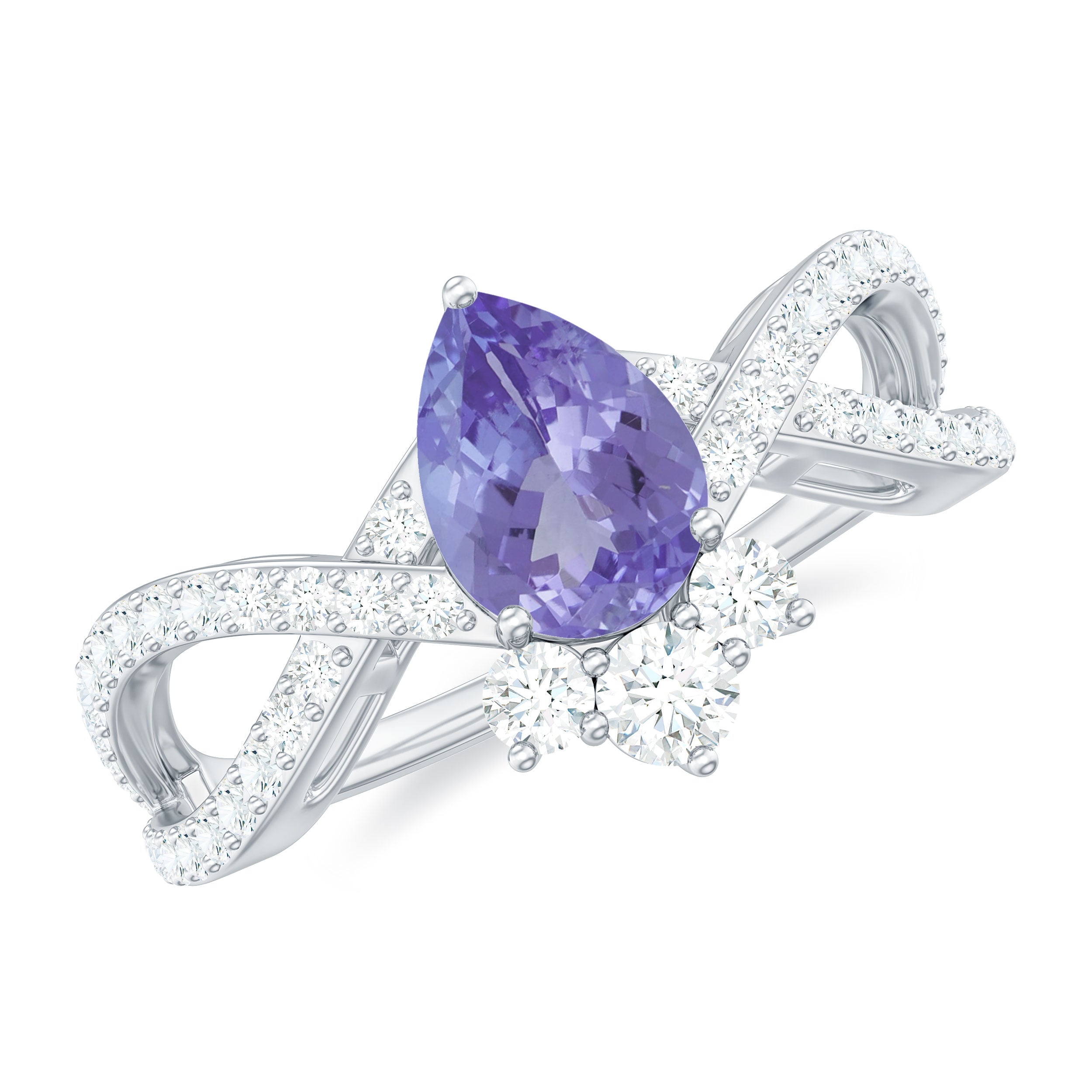 Pear Shape Tanzanite Solitaire Crossover Ring with Diamond Tanzanite - ( AAA ) - Quality - Rosec Jewels