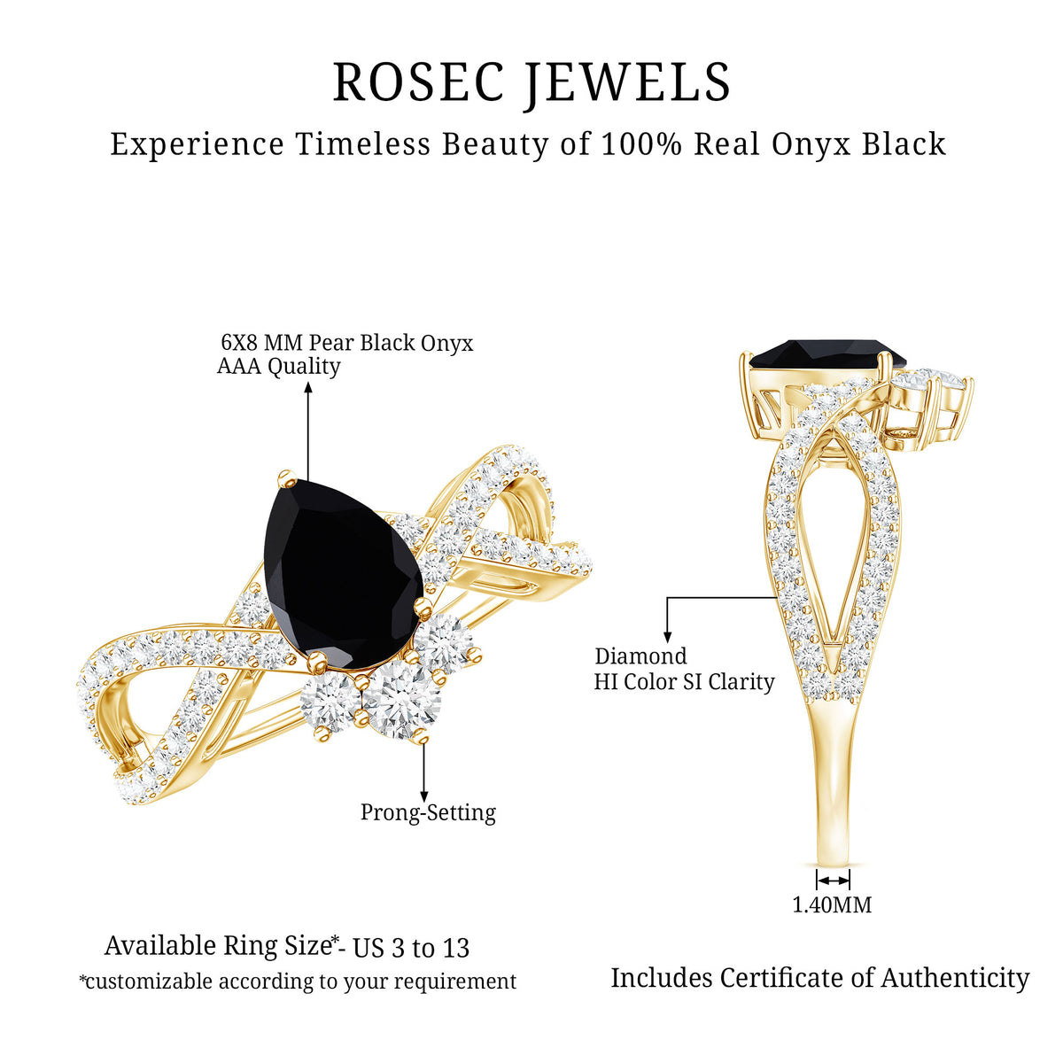 1 Carat Pear Shaped Black Onyx Designer Engagement Ring with Diamond AAA - Rosec Jewels