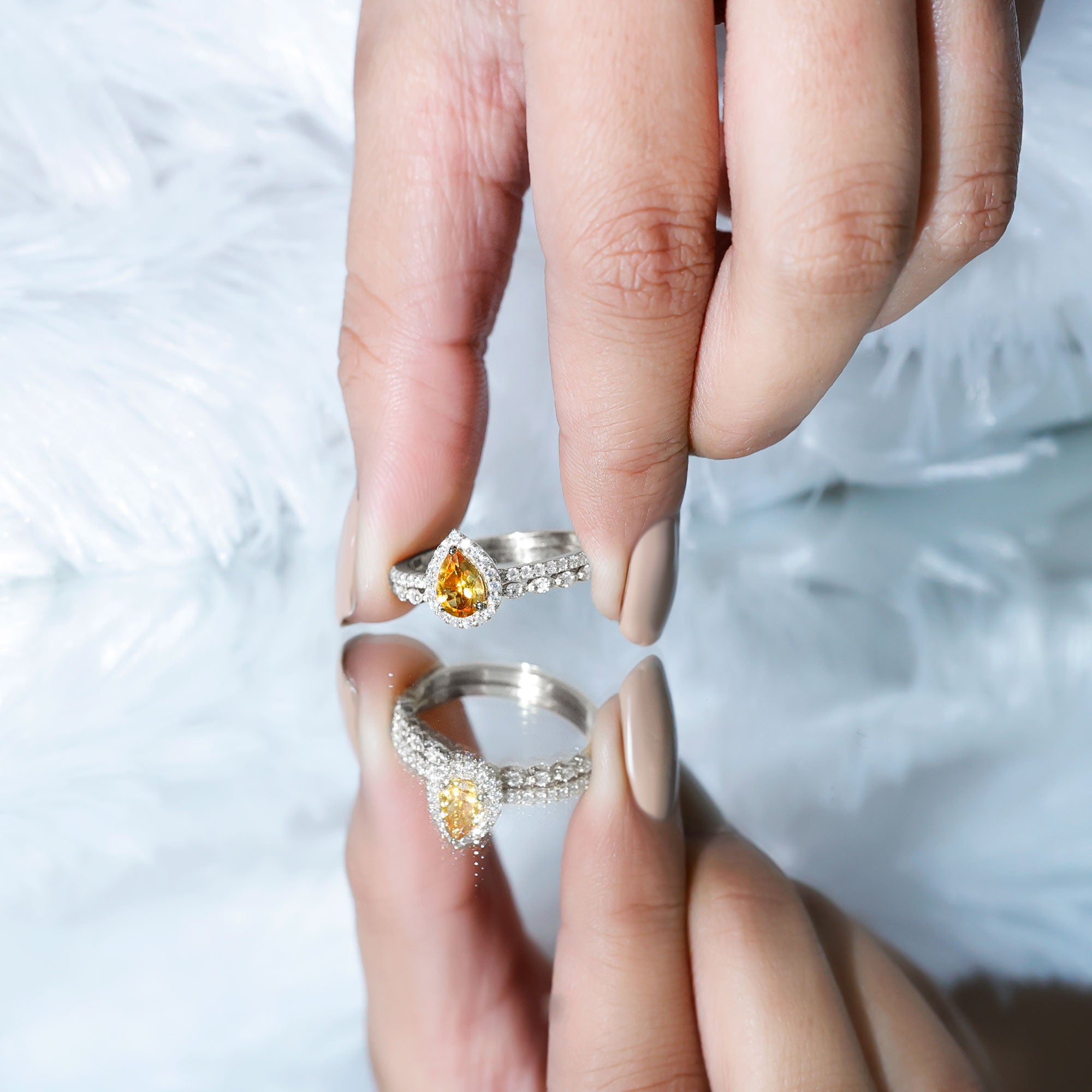 Real 0.6 Carat Citrine Teardrop Bridal Ring Set with Diamond AAA - Rosec Jewels