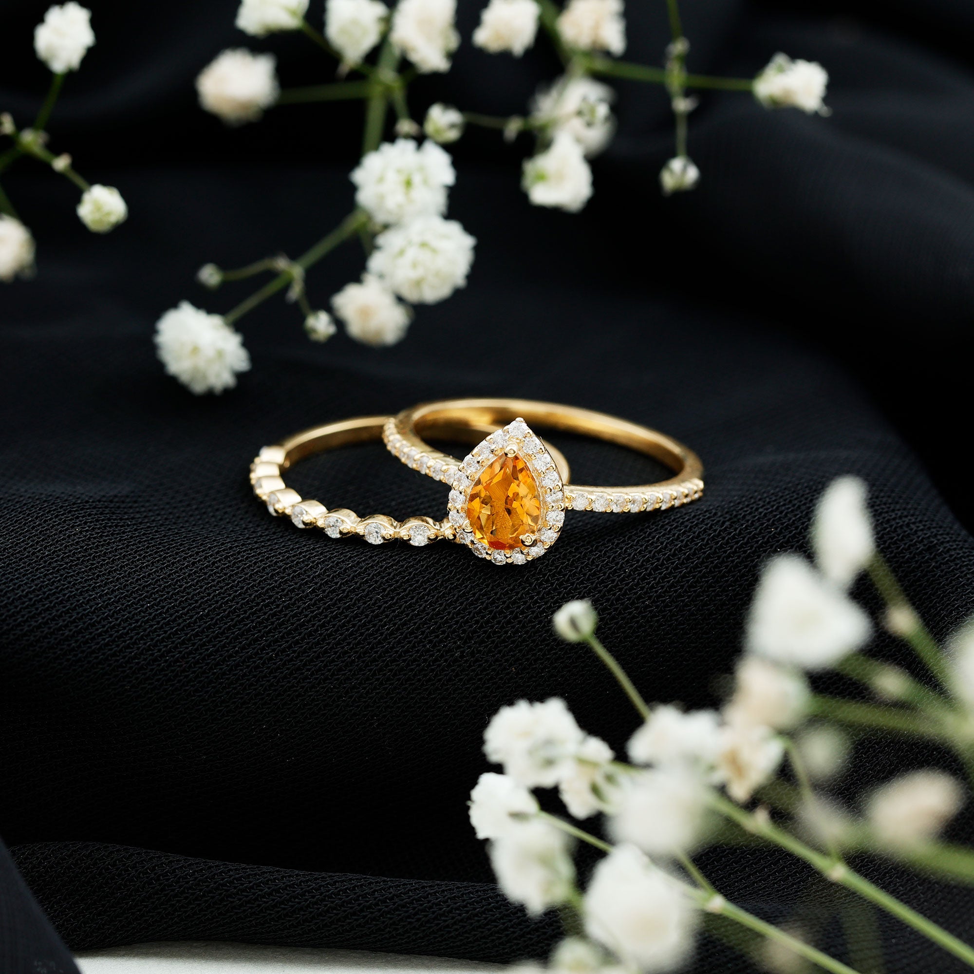 Real 0.6 Carat Citrine Teardrop Bridal Ring Set with Diamond AAA - Rosec Jewels