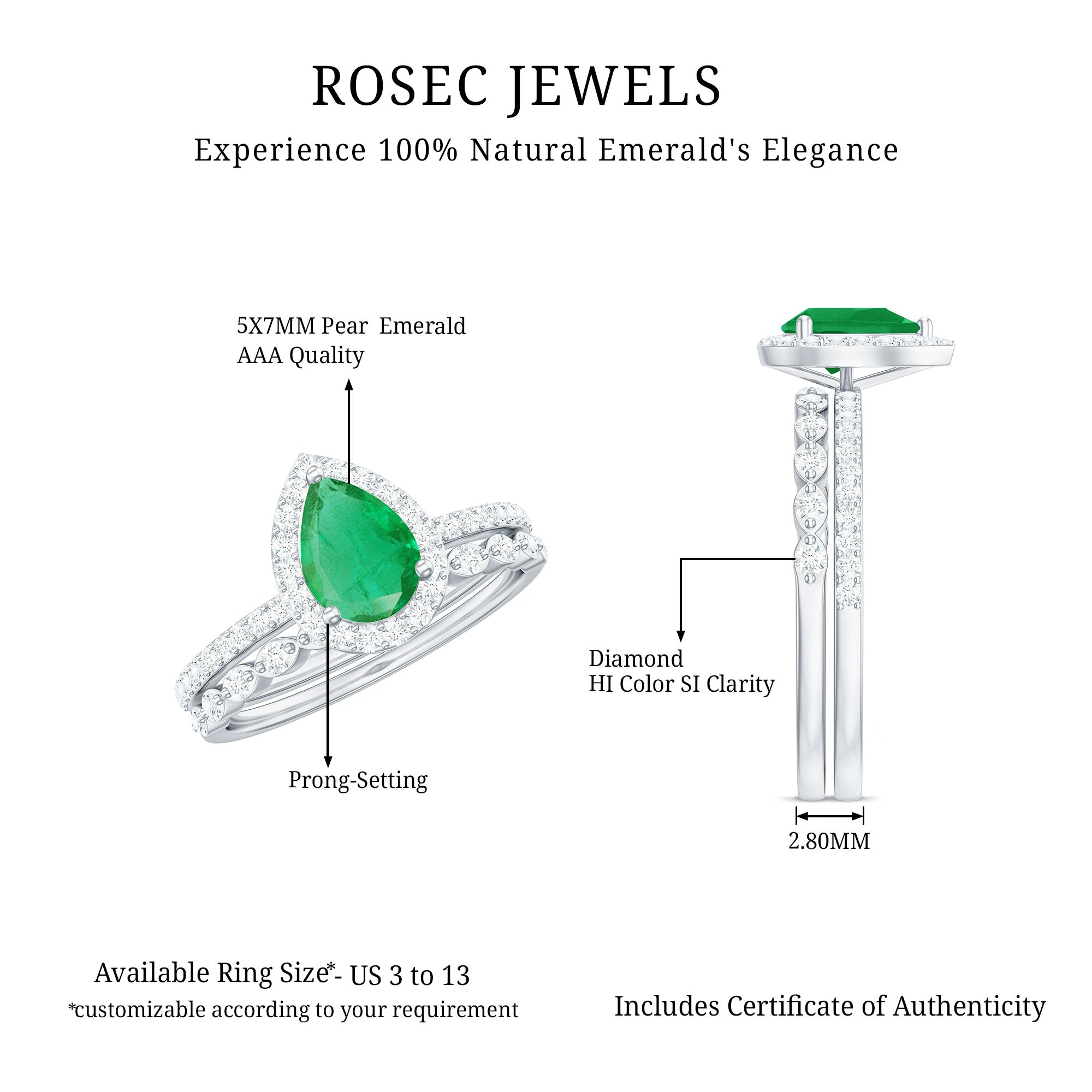 Natural Emerald Diamond Teardrop Engagement Ring and Wedding Band Set AAA - Rosec Jewels
