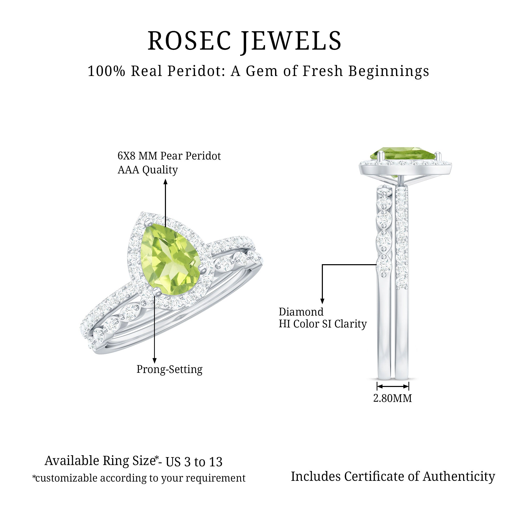 Natural 1 Carat Pear Shape Peridot Wedding Bridal Ring Set with Diamond AAA - Rosec Jewels