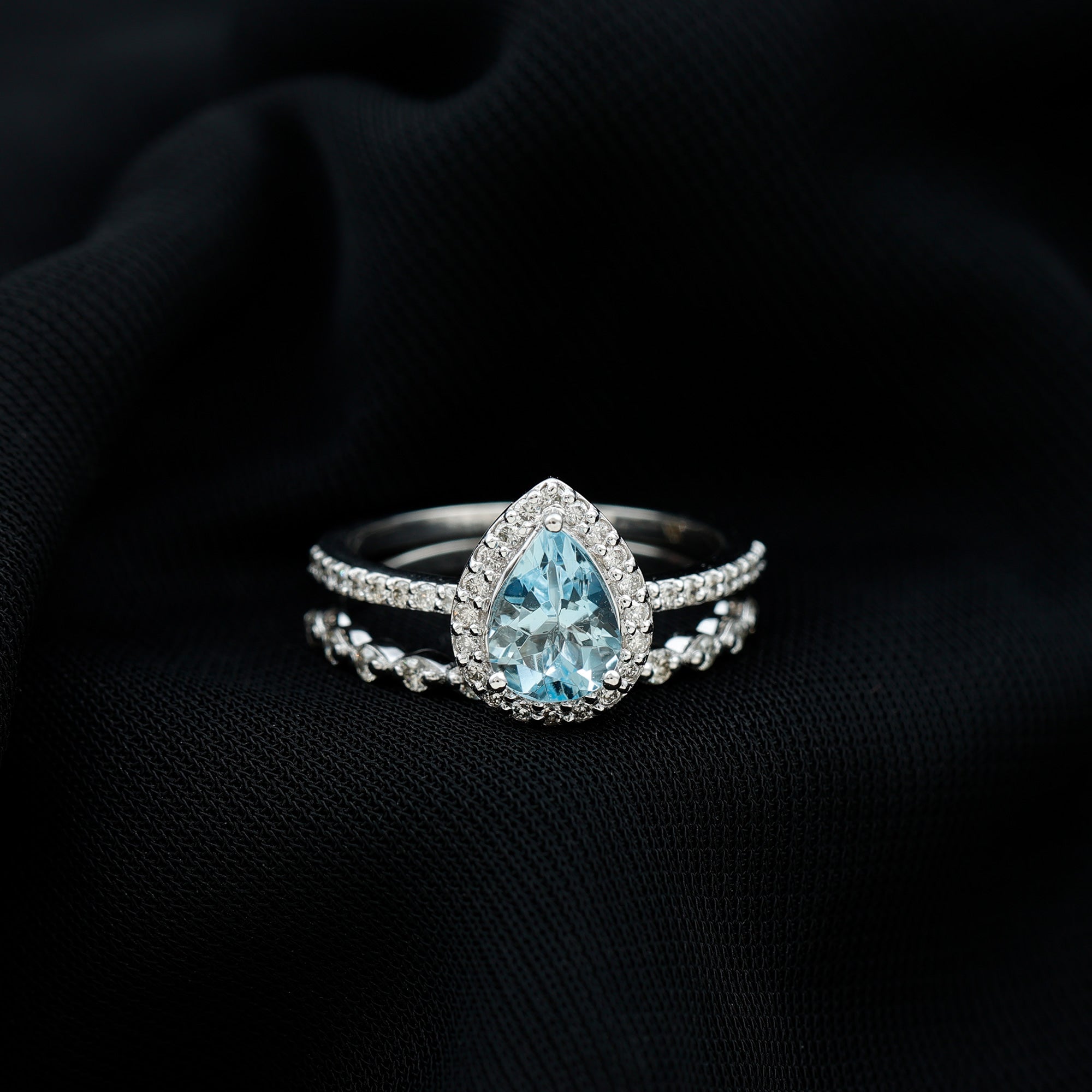 Genuine 1 Carat Aquamarine Bridal Ring Set with Diamond AAA - Rosec Jewels