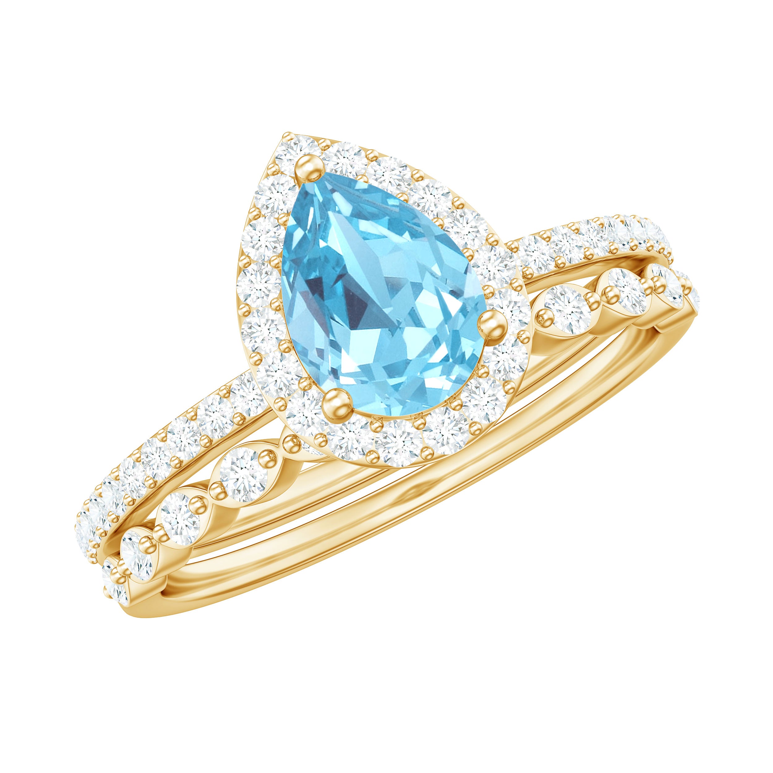 Genuine 1 Carat Aquamarine Bridal Ring Set with Diamond AAA - Rosec Jewels