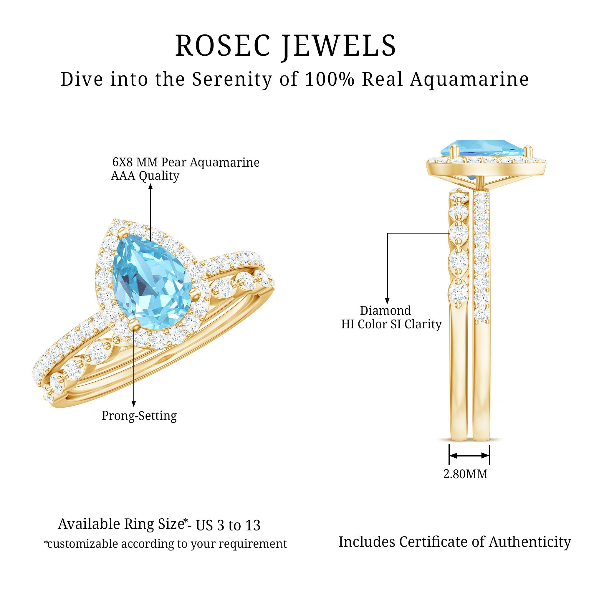Genuine 1 Carat Aquamarine Bridal Ring Set with Diamond AAA - Rosec Jewels