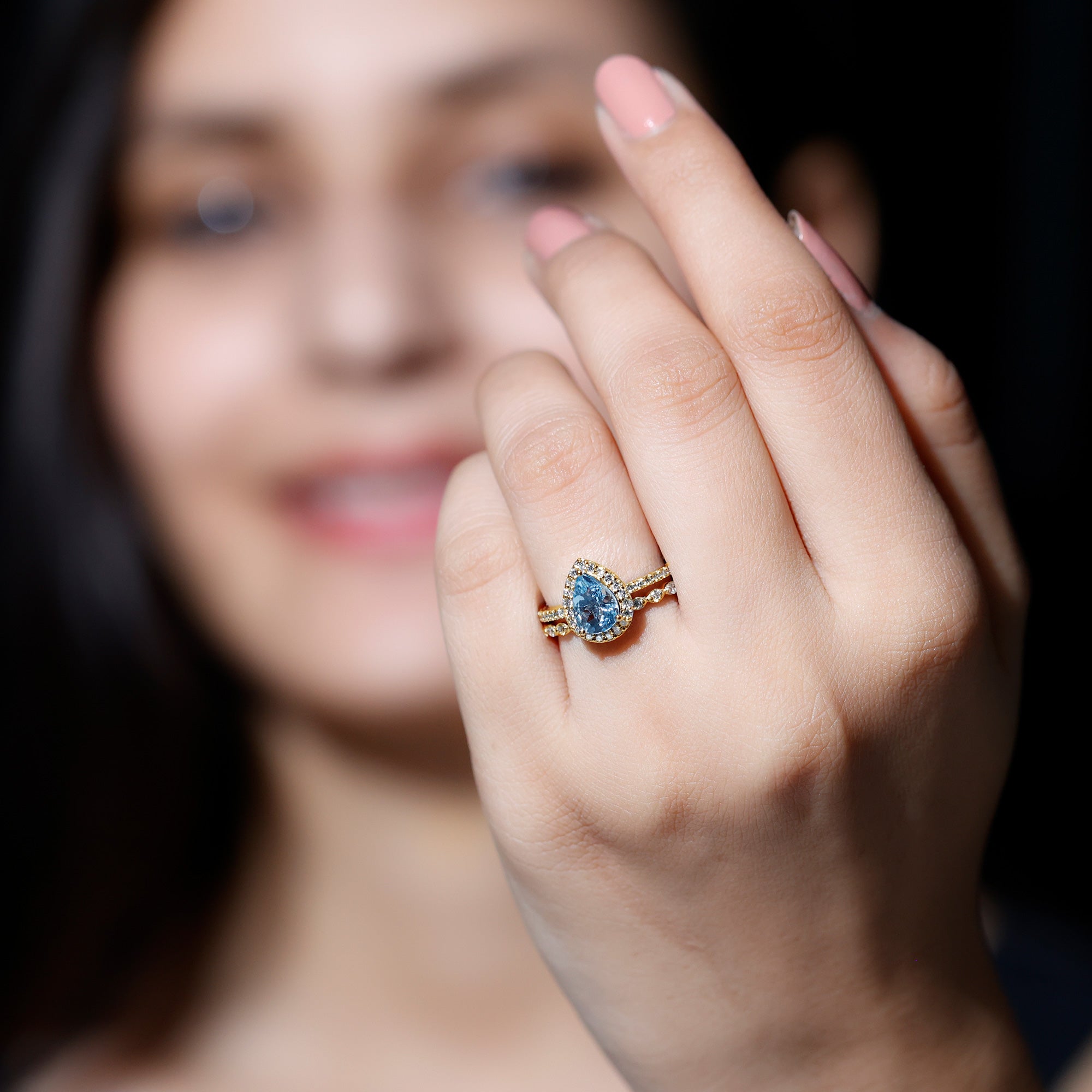 Genuine 1 Carat Aquamarine Bridal Ring Set with Diamond AAA - Rosec Jewels
