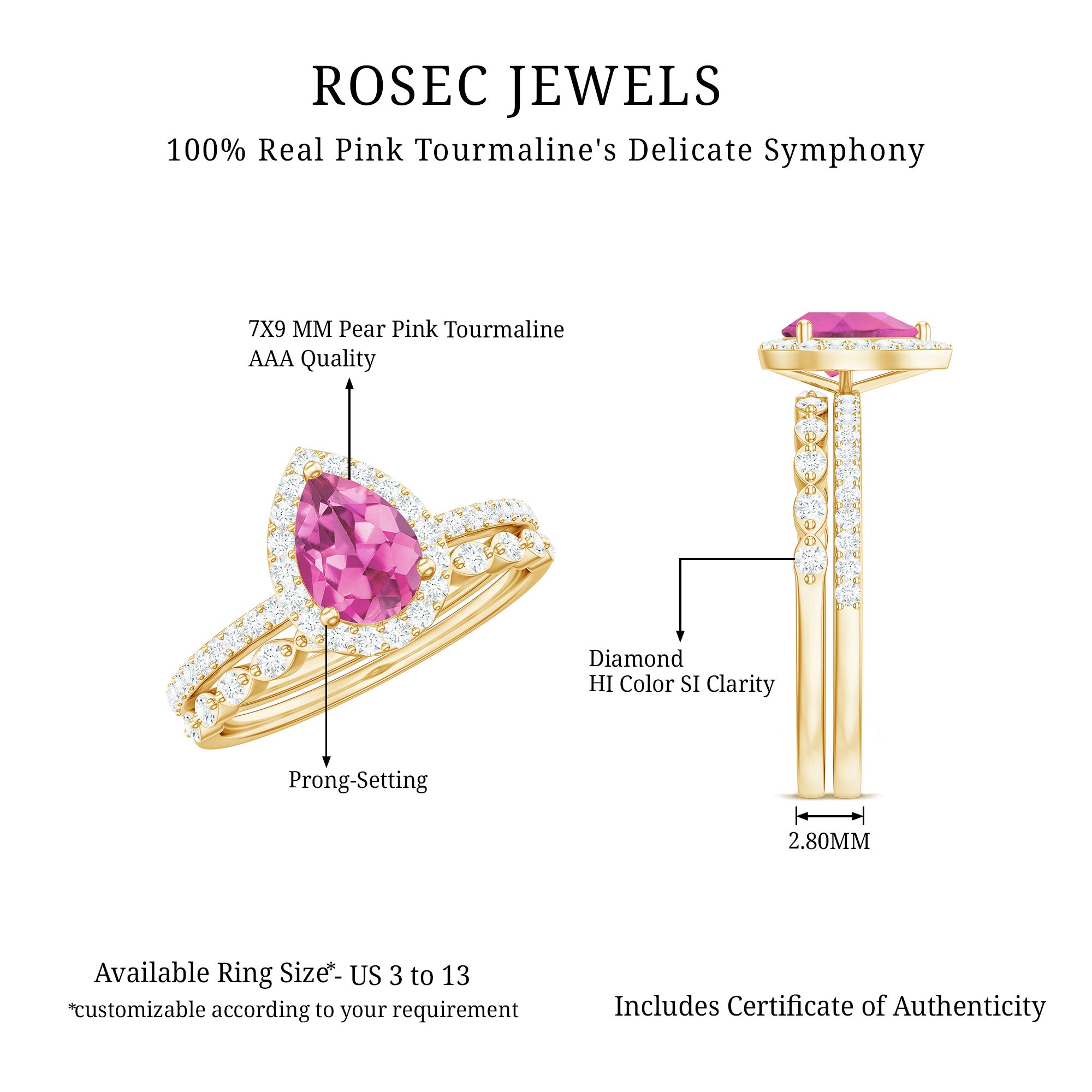Teardrop Pink tourmaline Bridal Ring Set with Diamond AAA - Rosec Jewels
