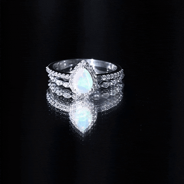 Natural Ethiopian Opal Diamond Pear Shaped Engagement Ring and Wedding Band Set AAA - Rosec Jewels