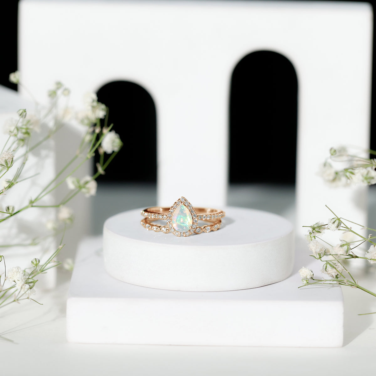 Natural Ethiopian Opal Diamond Pear Shaped Engagement Ring and Wedding Band Set AAA - Rosec Jewels
