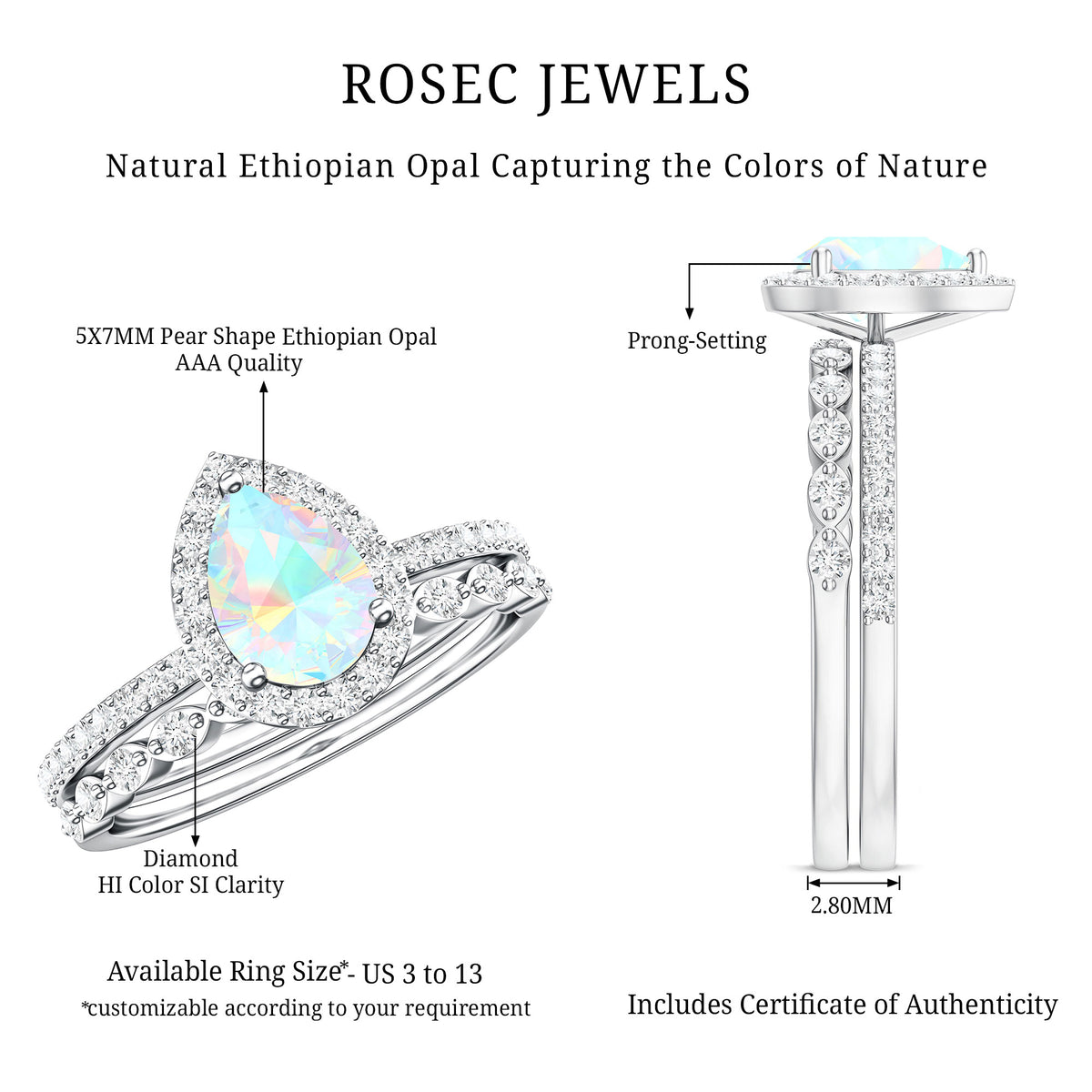 Natural Ethiopian Opal Diamond Pear Shaped Engagement Ring and Wedding Band Set AAA - Rosec Jewels