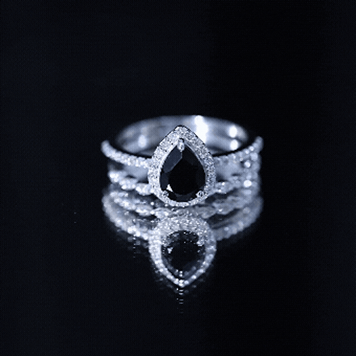 Pear Shaped Black Onyx and Diamond Halo Bridal Ring Set With Certificate AAA - Rosec Jewels