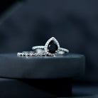 Pear Shaped Black Onyx and Diamond Halo Bridal Ring Set With Certificate AAA - Rosec Jewels