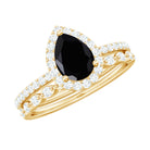 Pear Shaped Black Onyx and Diamond Halo Bridal Ring Set With Certificate AAA - Rosec Jewels