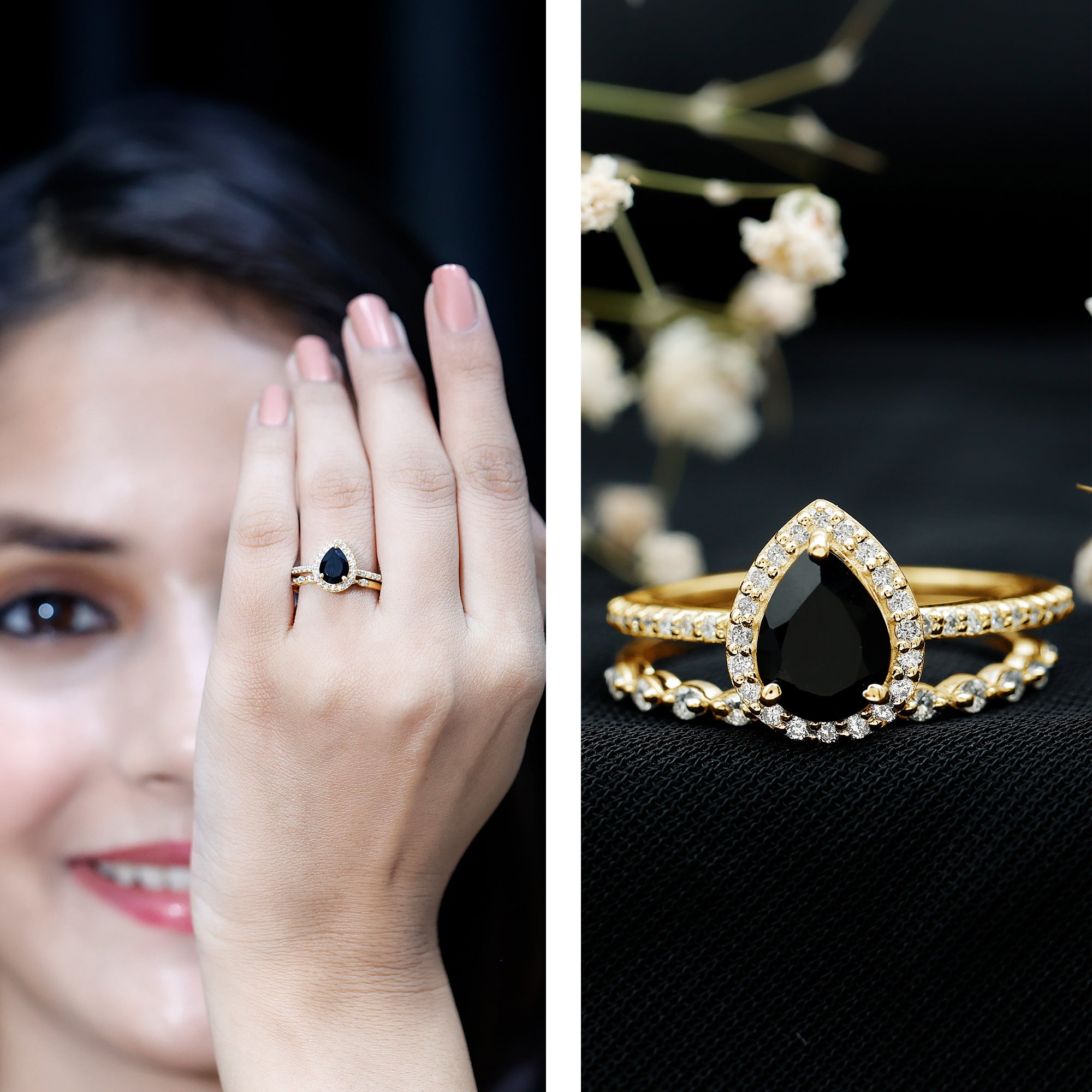 Pear Shaped Black Onyx and Diamond Halo Bridal Ring Set With Certificate AAA - Rosec Jewels