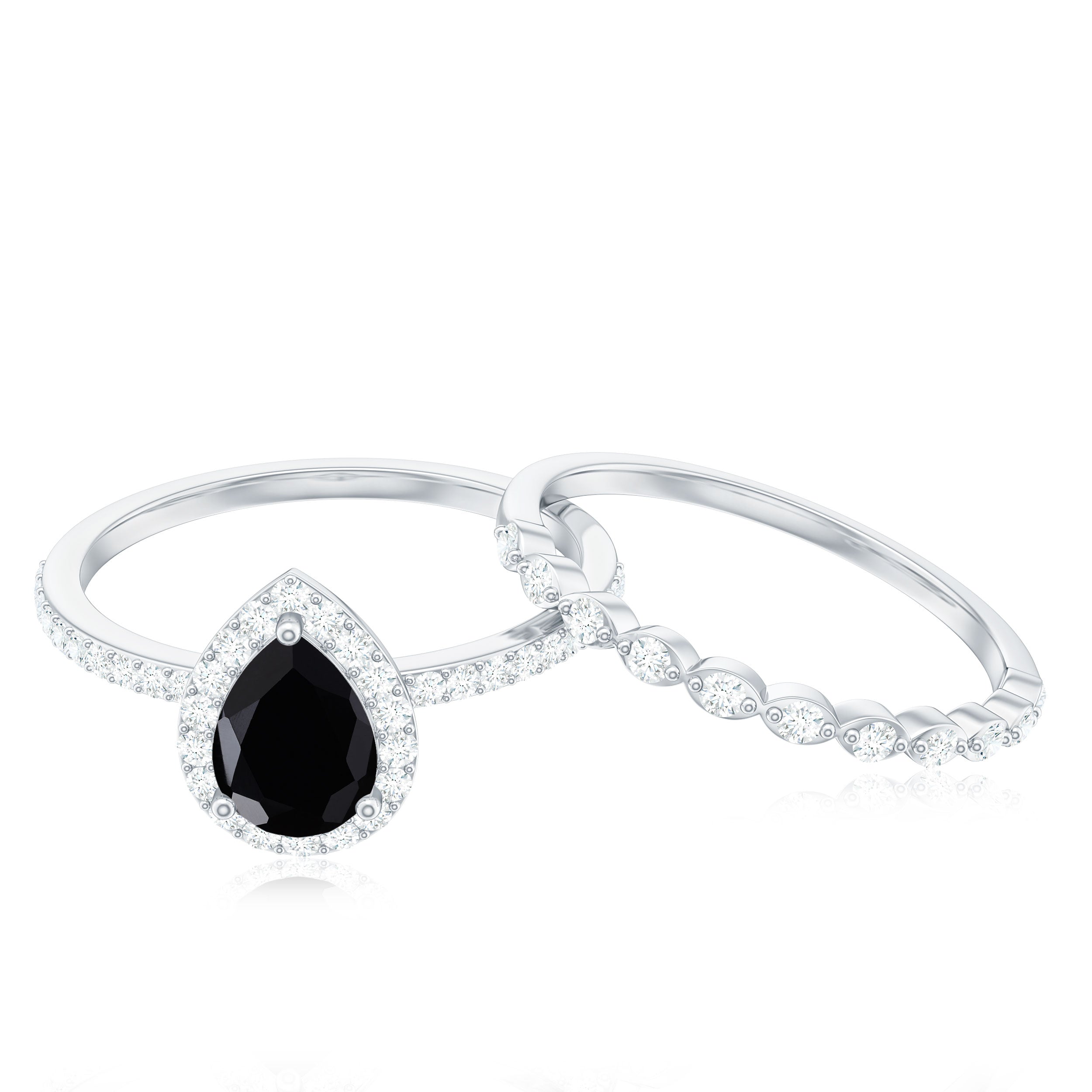 Natural Pear Shape Black Spinel Diamond Wedding Engagement Ring Set of 2 AAA - Rosec Jewels